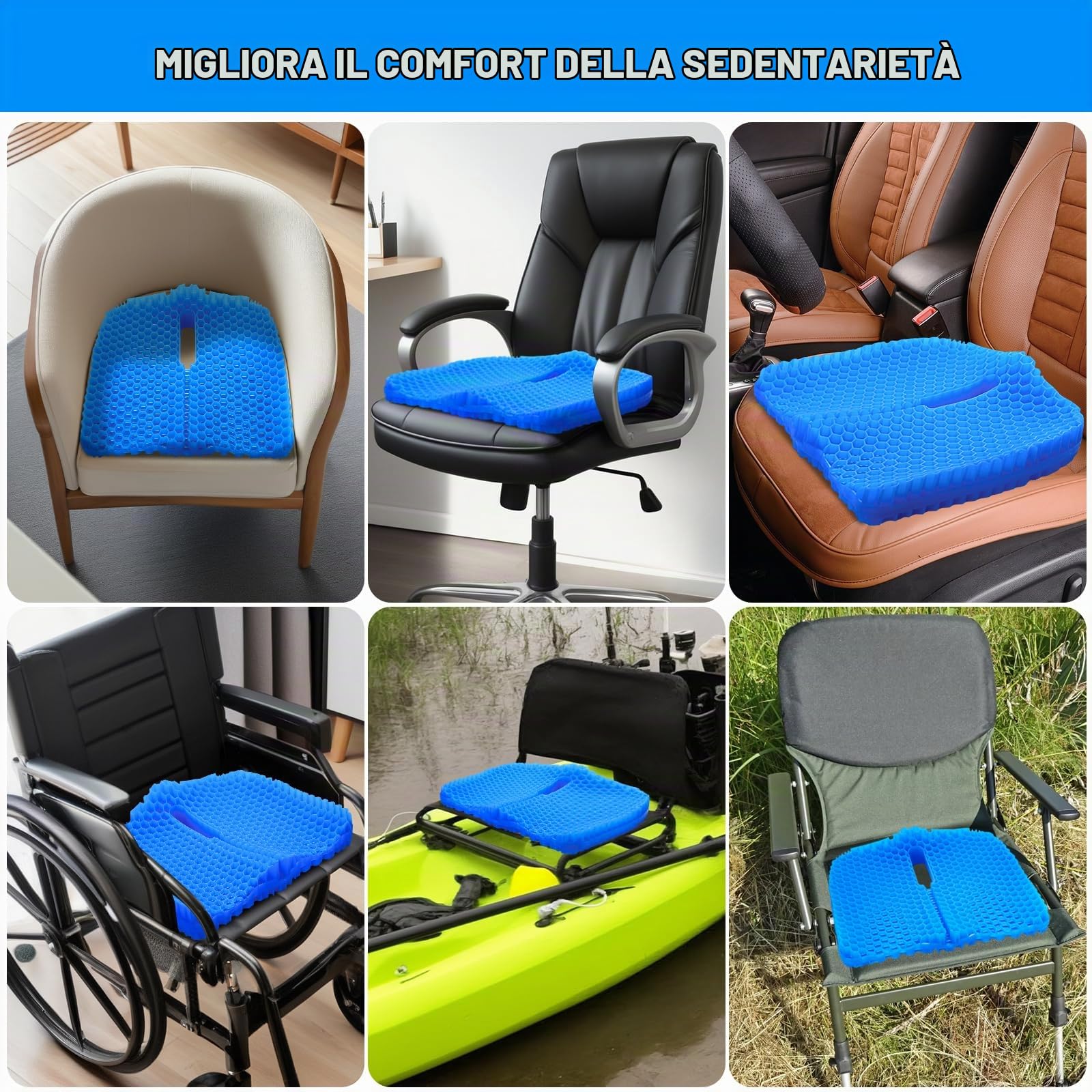 Cuscino per sedile kayak in gel spesso, grande, per kayak, barca a pagaia, sollievo dal dolore al coccige, sciatica, doppio spessore, per casa, auto, sedia a rotelle, sedia da ufficio (blu, L)