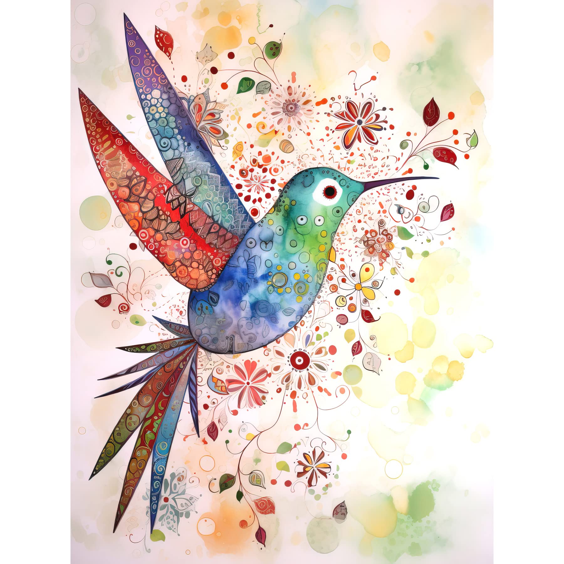 Artery8 Hummingbird With Flower Patterns Folk Art Watercolour Painting Extra Large XL Wall Art Poster Print