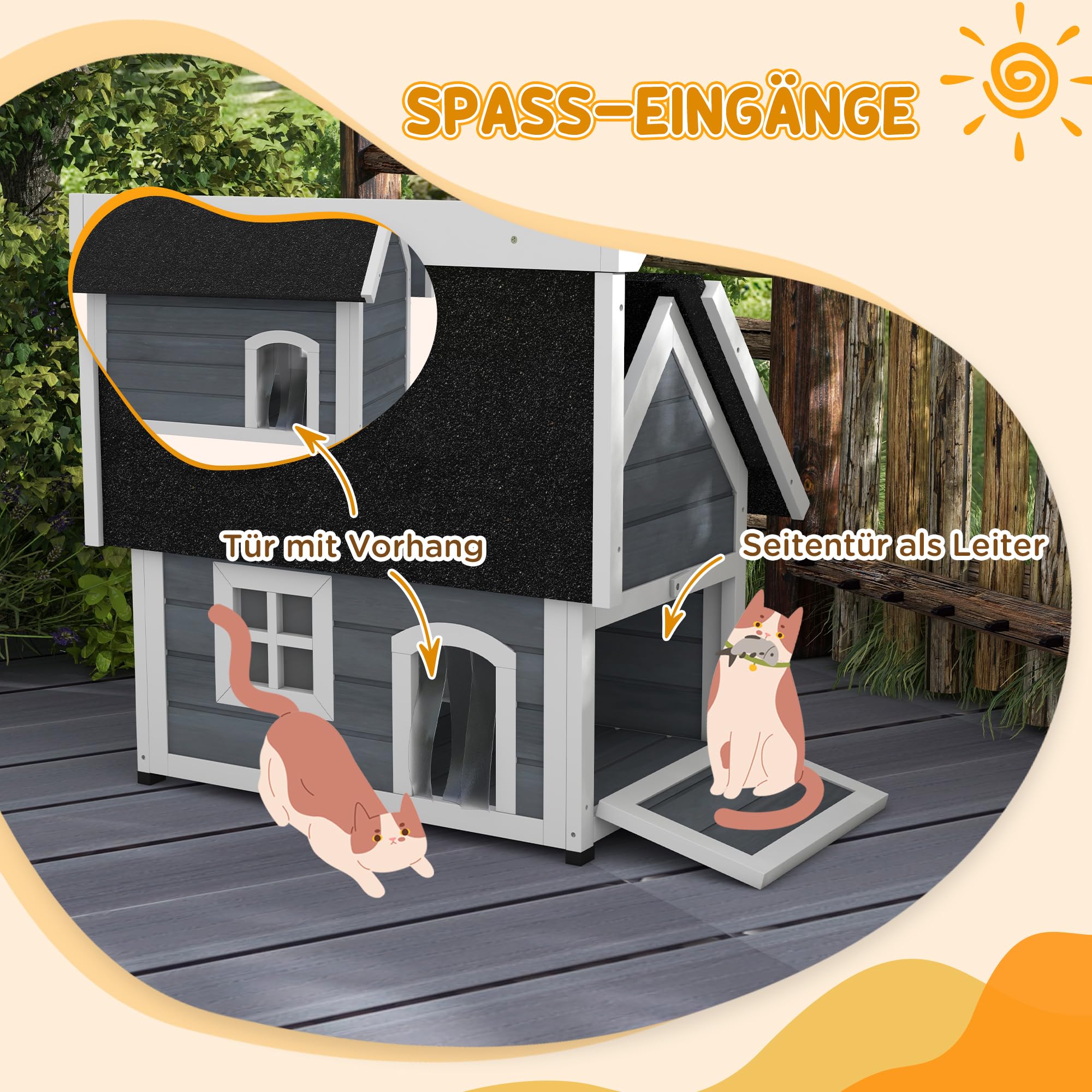 PawHut Katzenhaus aus Holz Winterfest für Katze 77 x 57,5 x 68 cm Grau | Katzenhöhle für Draußen, Wetterfest Katzenhütte, Aufklappbar Asphaltdach, Fenster, 3 Türen, Schutzhütte bis 5 kg