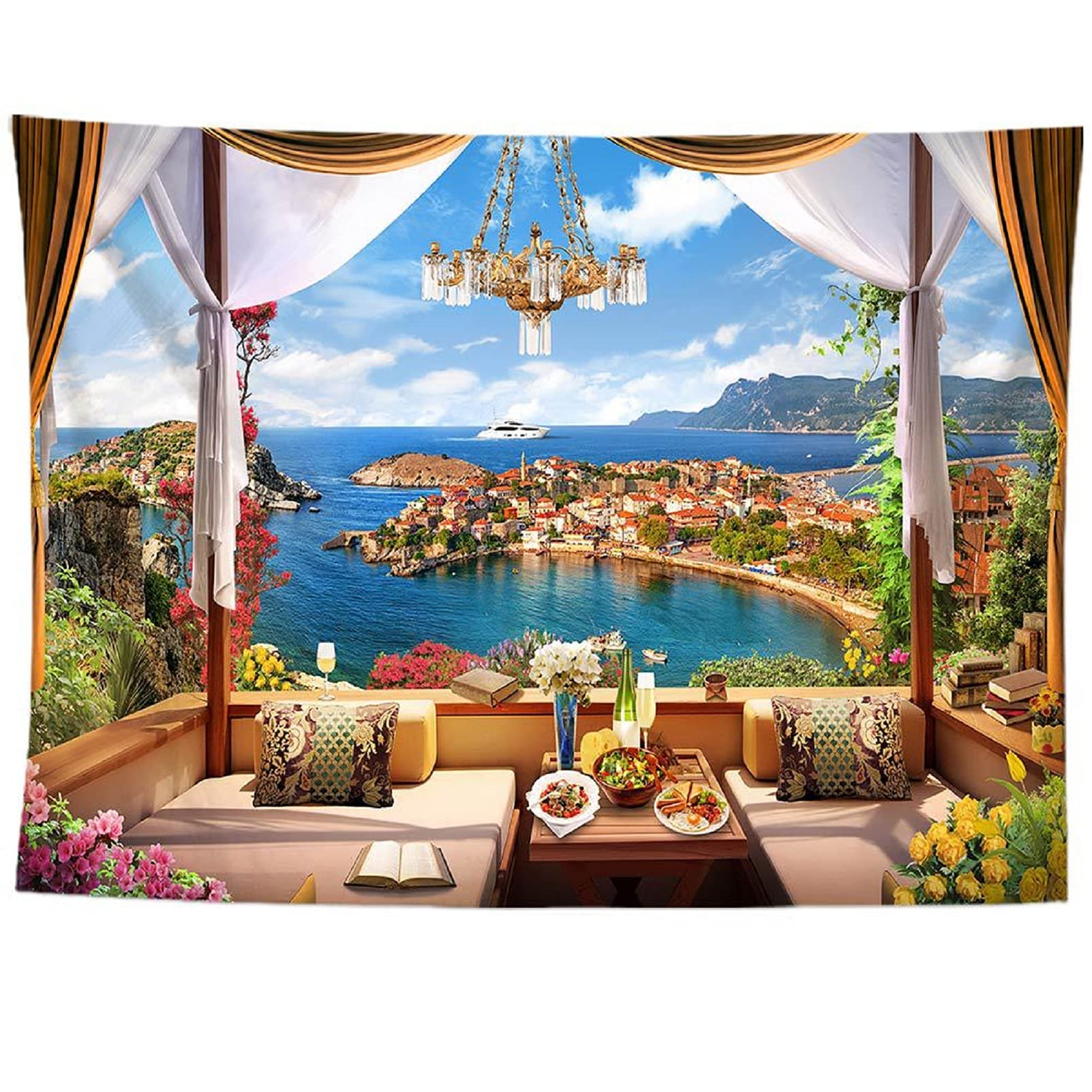 izielad Sea Ocean Holiday House Flowers Wall Hanging Tapestry Wall Hanging Decor Art Nature Home Living Room Bedroom DΓ©cor 100X150CM 39.3X59IN