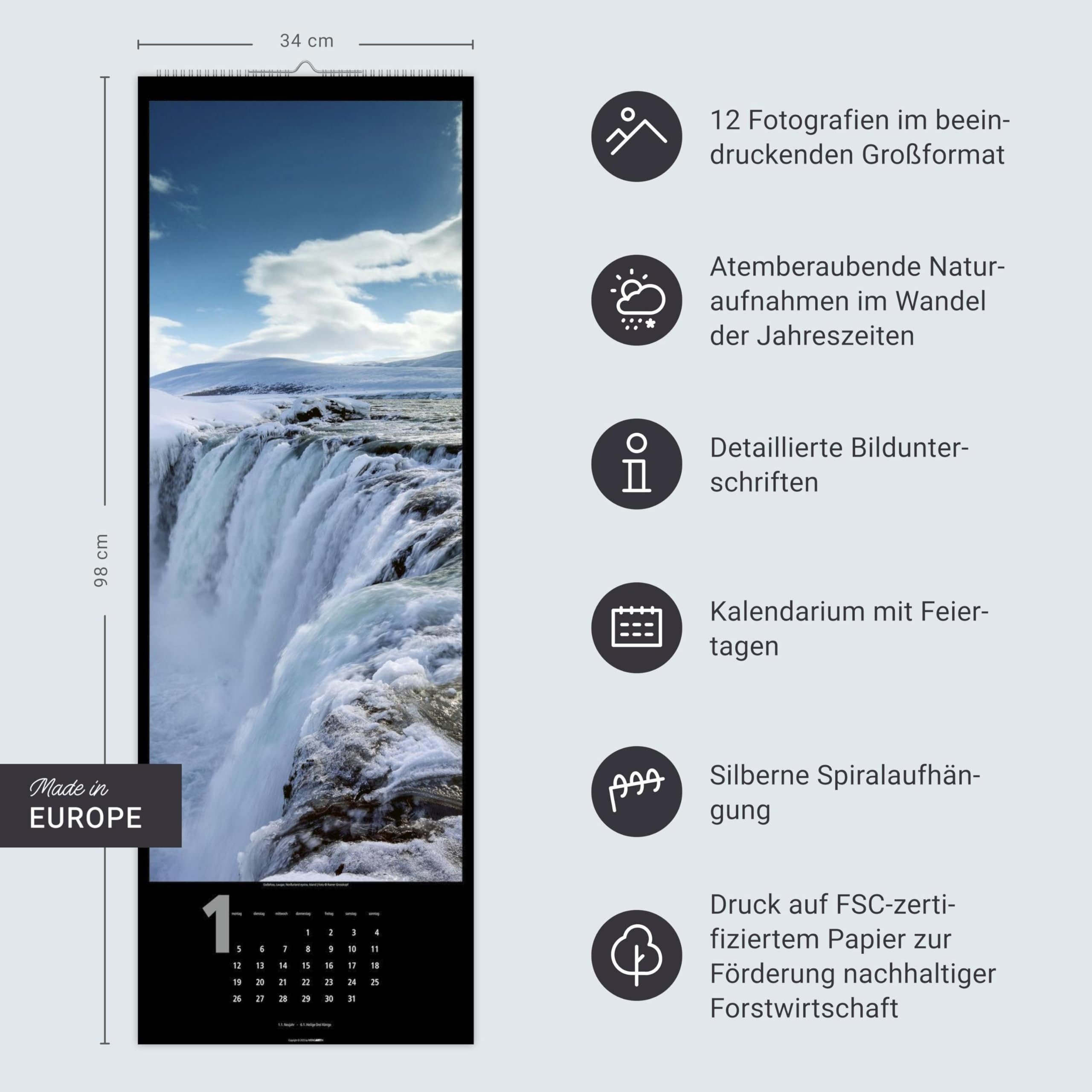 Wasserfälle Kalender 2026: XXL Hochformat mit spektakulären Wasserfällen, fotografiert von international ausgezeichneten Fotografen. Länglicher Kalender mit traumhaften Naturfotos. 34x98 cm Hochformat