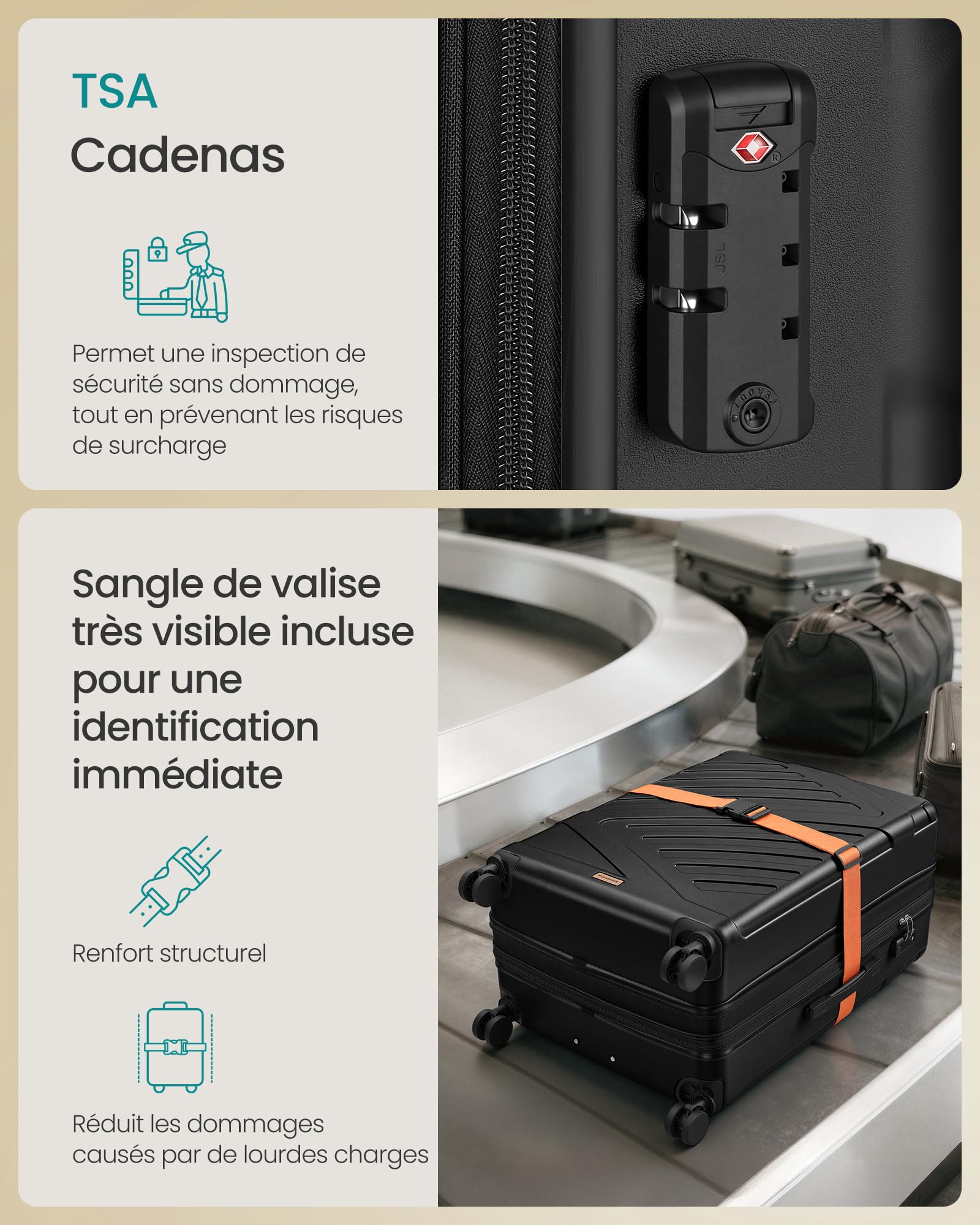 SONGMICS Valise Grande Taille, Valise Soute, Suitcase, en ABS, avec Serrure TSA, 4 roulettes Doubles, Sangle Incluse, Extensible, XL, 75 x 50 x 30 cm, Noir d'encre RLP003B101 - 5