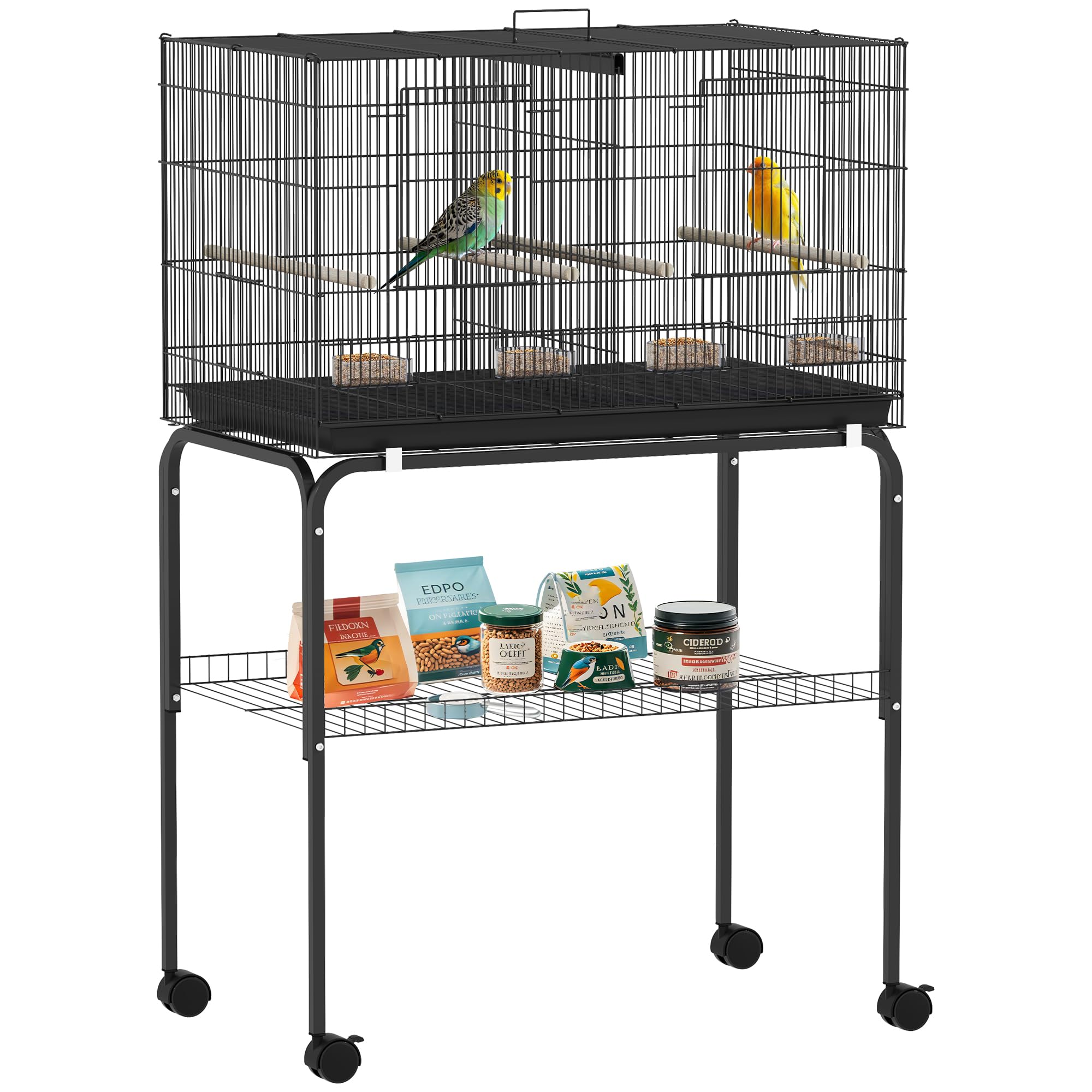 PawHut Bird Cage with Divider, Parrot Cage with 4 Wooden Perches, Slide Out Tray, 4 Feeders and Wheeled Stand, for Budgie, Lovebird, Canary, Finches, 76 x 46 x 116cm, Black