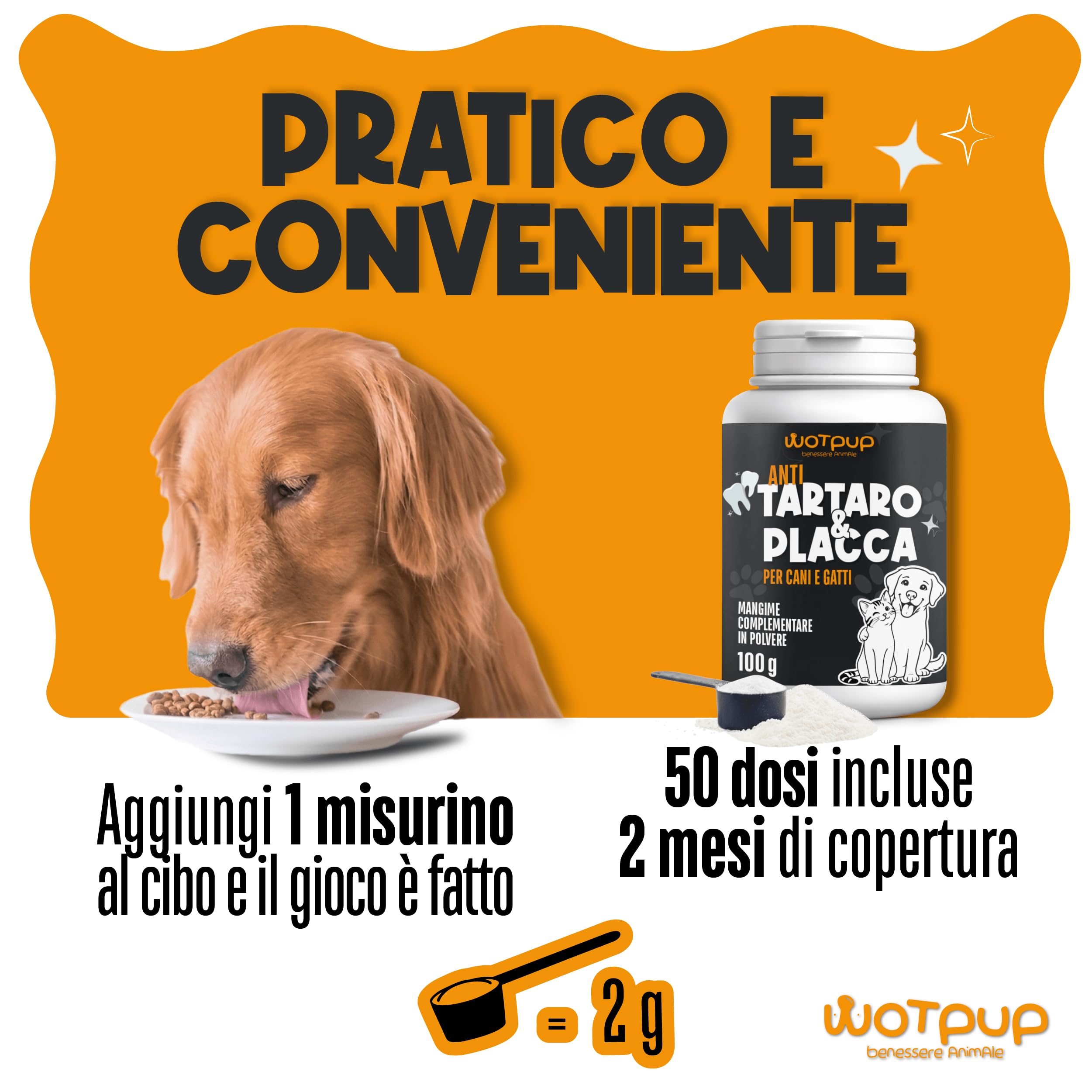 Dental Bright Polvere Dentale per Cani e Gatti, Sciogli Tartaro e Placca, Dentifricio Senza Spazzolino con Inulina, Menta, Pappa Reale e Salvia 100g 50 Dosi Made in Italy