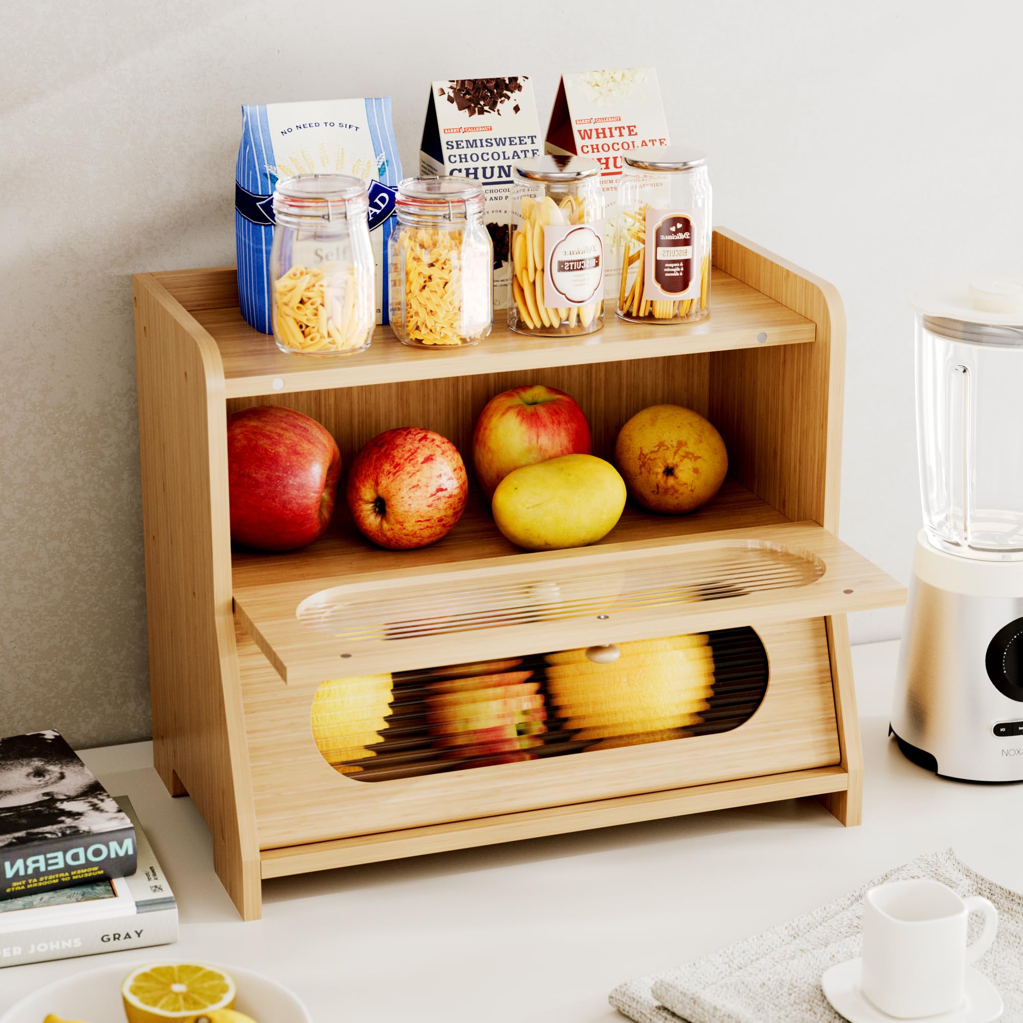 Panera para encimera de cocina, contenedor grande de almacenamiento de pan de bambú de doble capa con panel de puerta ondulado acrílico (natural)