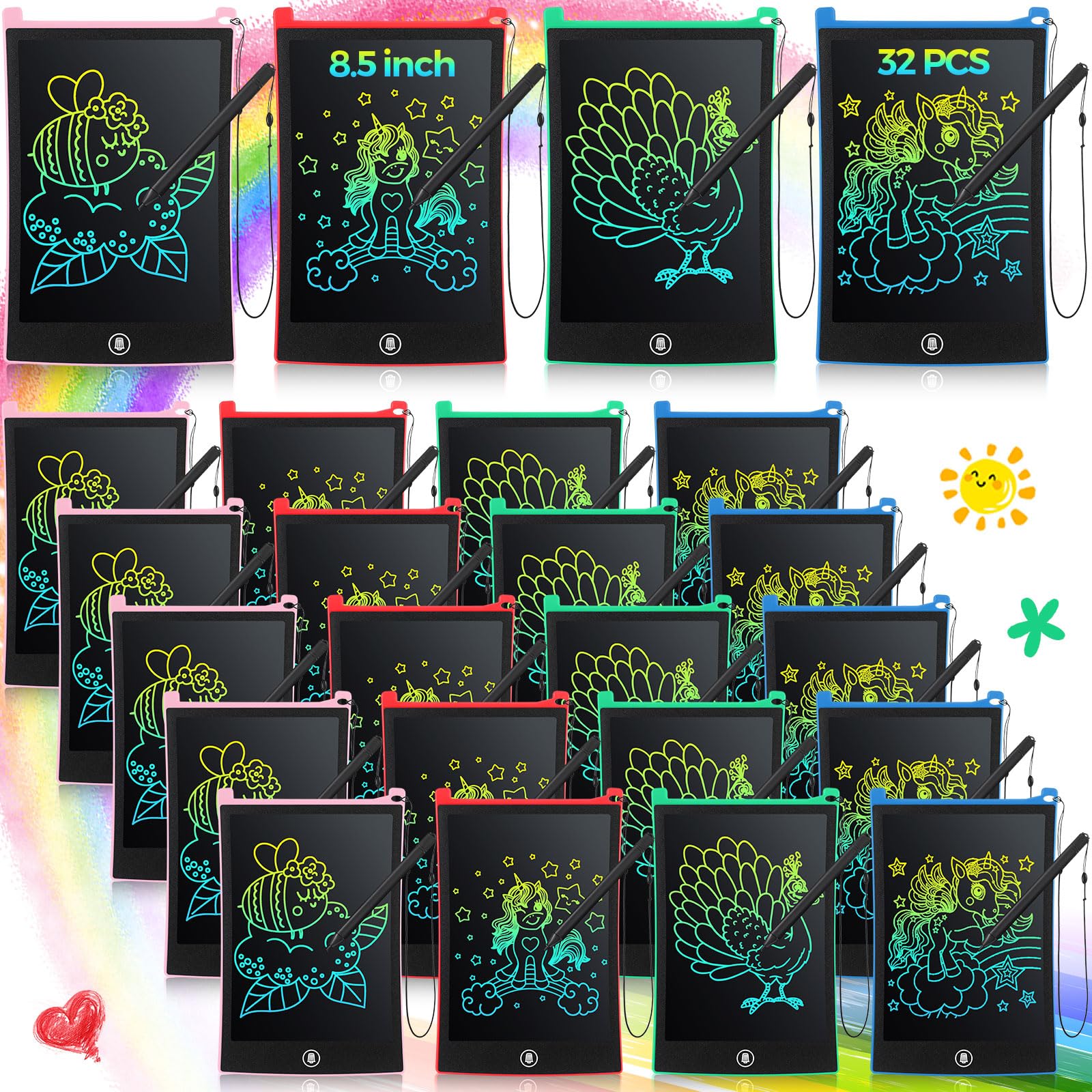 32 Pieces LCD Writing Tablet Doodle Board Electronic Toy 8.5 Inch Colorful Doodle Board LCD Erasable Drawing Pad Reusable Writing Pad Toys for Girls Boys (Vivid Color)