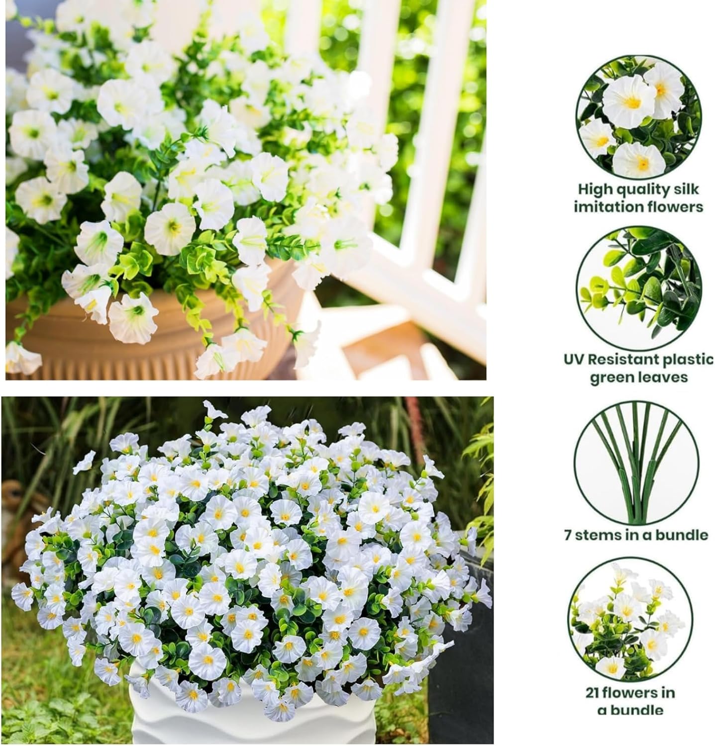 Artificial Flowers for Decoration, No Fade Resistant Plants, Flowers for Spring Summer Decoration Home Garden Window Box Farmhouse Wedding Party Decor (White)