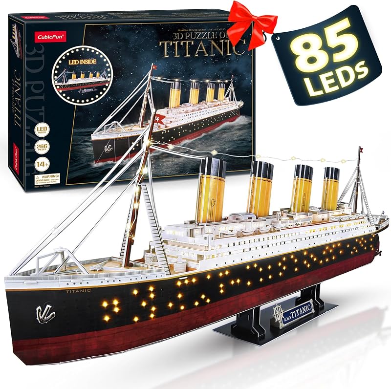CubicFun Titanic 3D Model Ship Puzzle with LED Lights, 266 Pieces, 88 cm | 3D Puzzle for Adults LED 34.6 inch Titanic Model with 266 Pieces for Collectors, Home Decor Office Displays Shelf Displays
