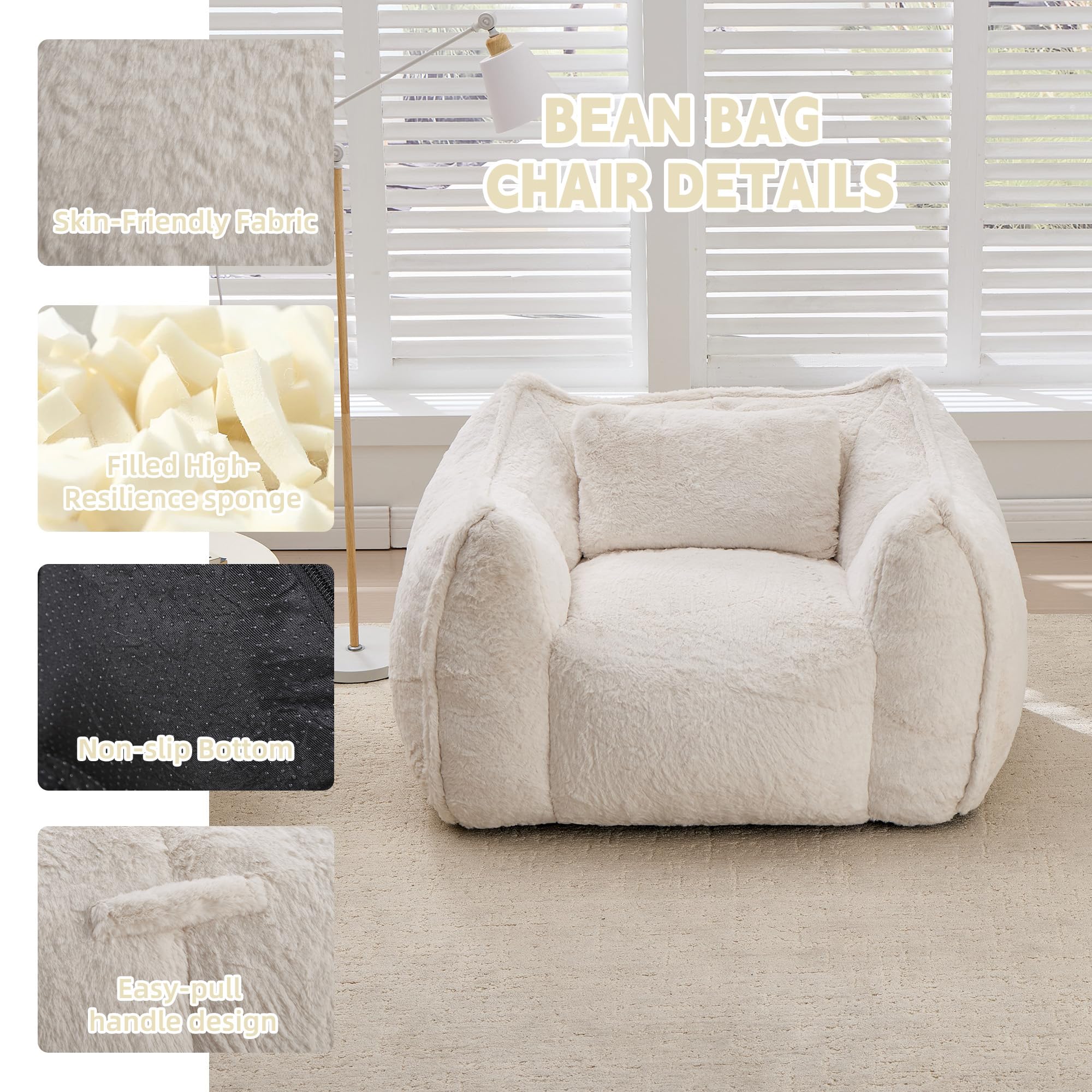 Puf gigante de piel sintética con cojín, cómodo para leer y jugar, para adultos y niños, para salón o dormitorio, color beige