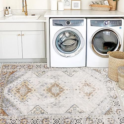 Miniatura 8 de COMSLE Alfombra de lana sintética de 4 x 6 pies para cocina, alfombra persa lavable, antideslizante, envejecida, alfombra de piso suave para