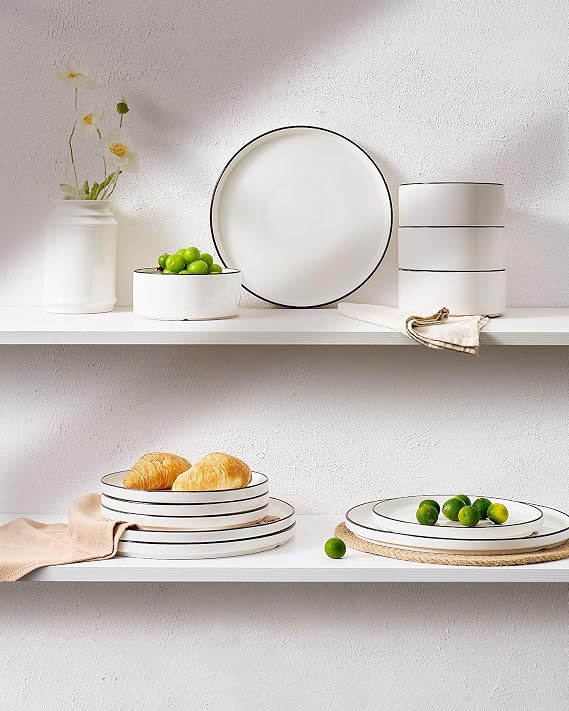 Richmount Dinner Set for 4, 12 Pieces Modern Porcelain Plates and Bowls Set, Dinnerware Sets Chip Resistant, Microwave & Dishwasher Safe, Ceramic Dish Set Service for 4, White with Black Trim