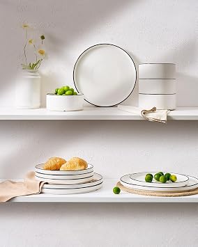 Richmount Dinner Set for 4, 12 Pieces Modern Porcelain Plates and Bowls Set, Dinnerware Sets Chip Resistant, Microwave & Dishwasher Safe, Ceramic Dish Set Service for 4, White with Black Trim