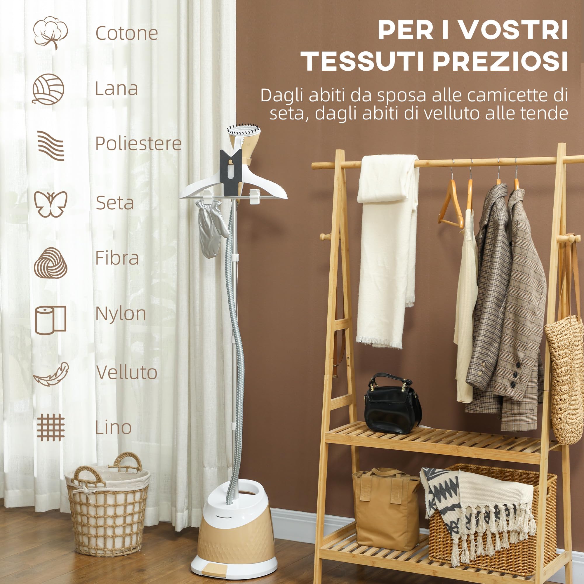HOMCOM Ferro da Stiro Verticale a Vapore 1800W con Serbatoio 1.8L Oro | Stiratrice Stirella Verticale, Piastra Alluminio, Regolabile, Asta Telescopica, Accessori Abiti Tende Divani