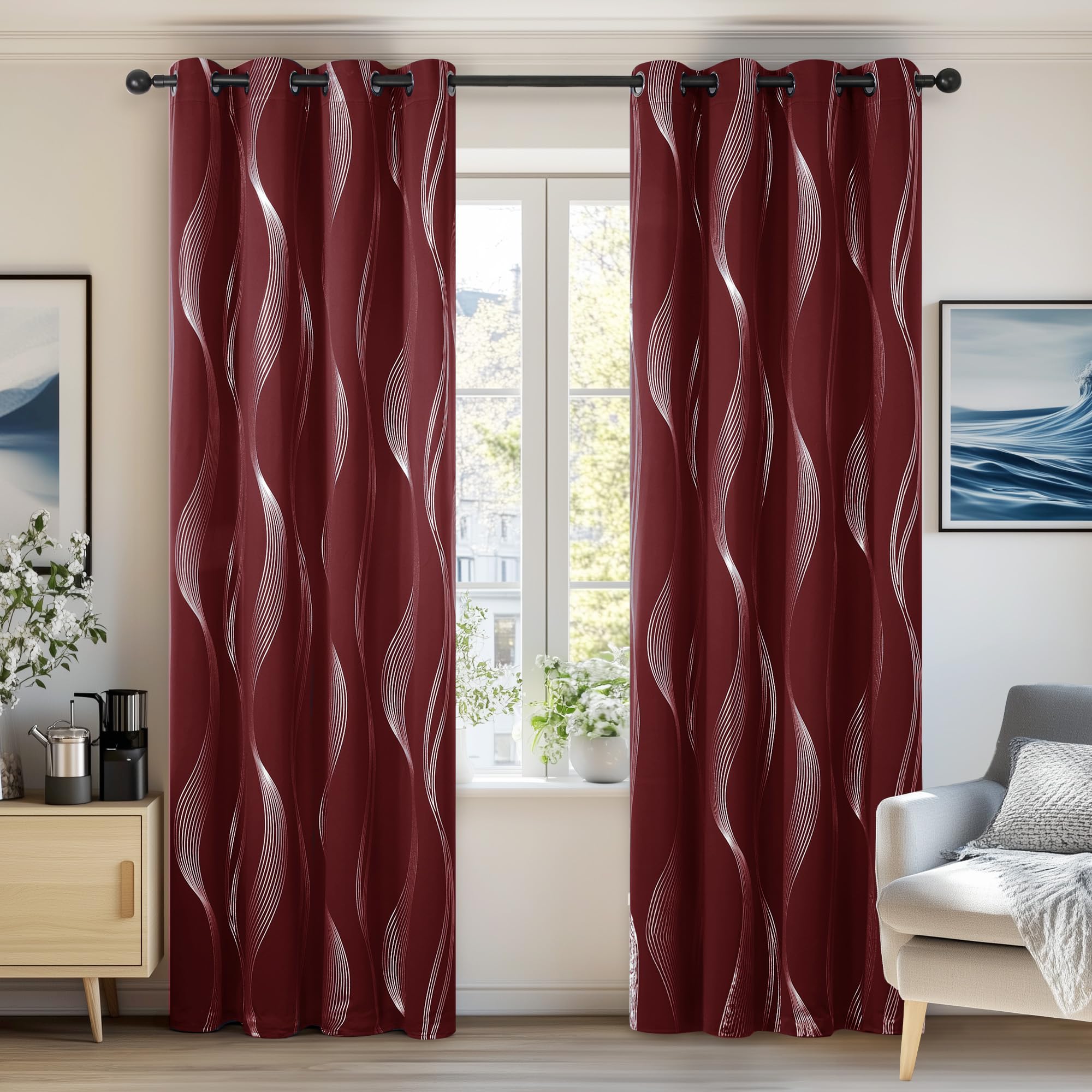 Deconovo Red Curtains Silver Wave Line Foil Printed Blackout Thermal Insulated Eyelet Curtains For Living Room 52 X 72 Inch 2 Panels