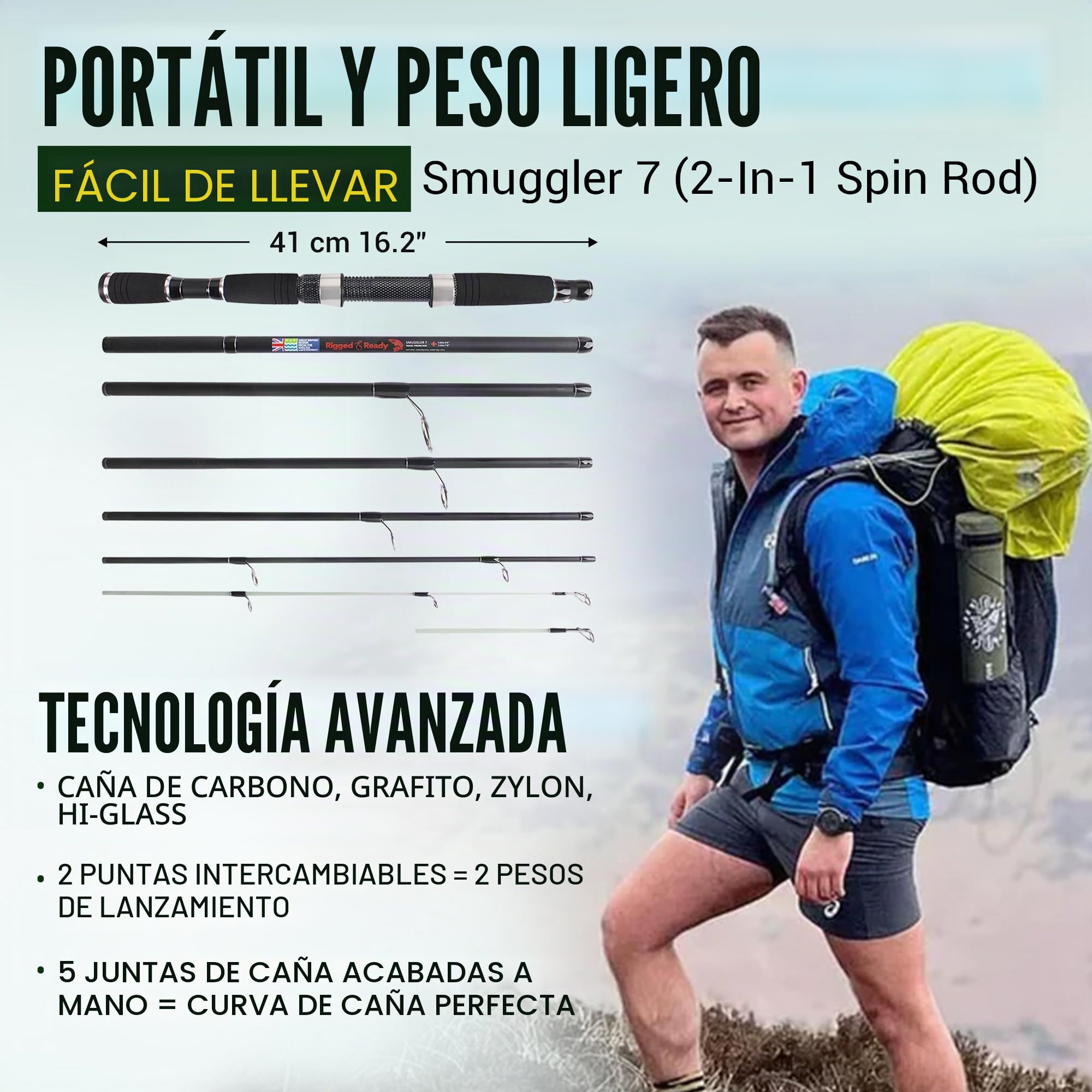 Rigged and Ready Smuggler Series Cañas de pescar. 5 longitudes de caña multifunción supercompactas únicas, con 2 o 4 puntas para pescadores de caña de viaje activos para peces de agua dulce y agua de