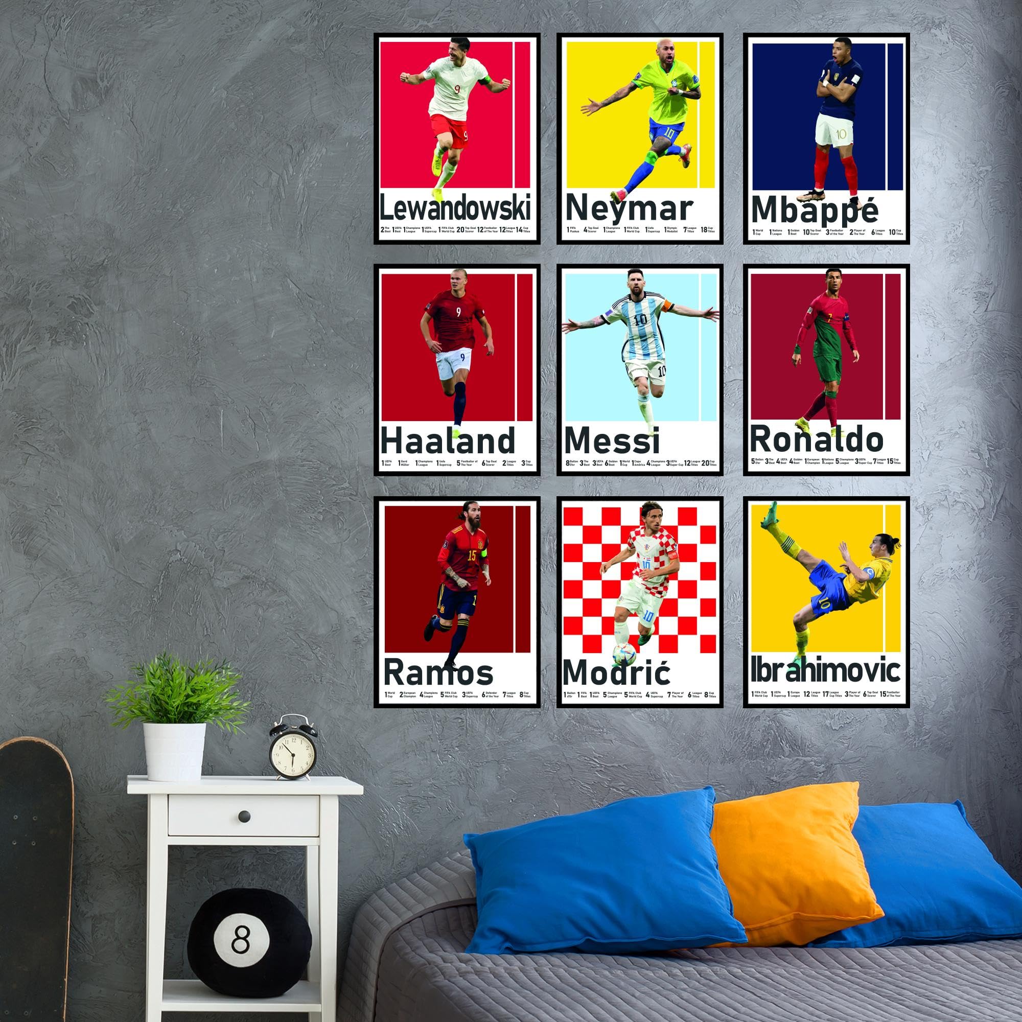 BigWig Prints Plakaty piłkarskie - dekoracja sypialni piłkarskiej dla chłopców, plakat piłkarski Messi, dekoracja pokoju piłkarskiego dla chłopców, plakat Ronaldo i Messi, plakaty Messi do sypialni