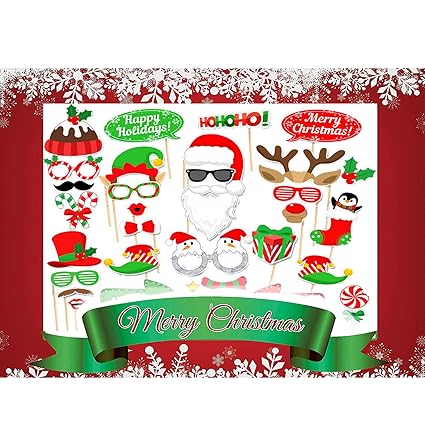 Christmas Photo Booth Props for Christmas Party D?cor Backdrop Decorations Supplies Holiday Selfie Props Photography, 33pcs