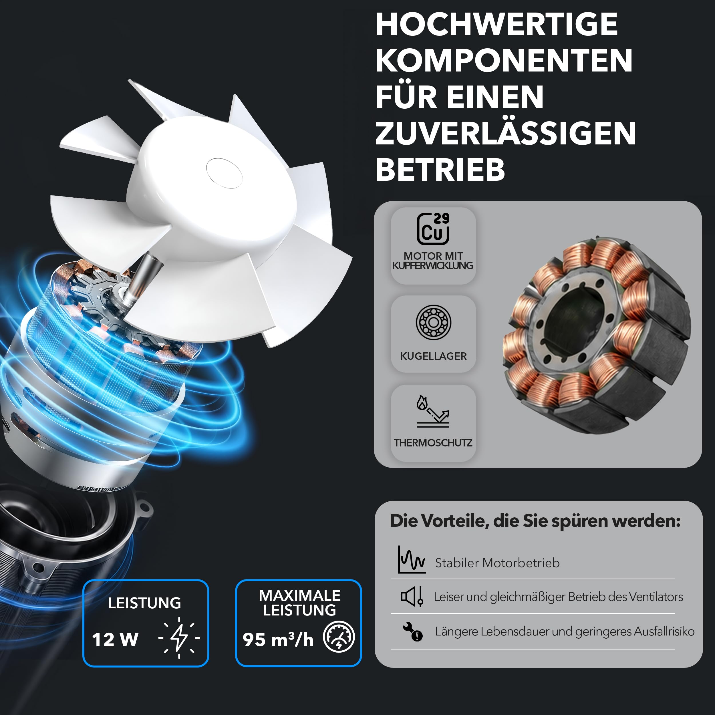 EBERG AXI 100 BHT Badventilator 100 mm schwarz mit Hygrostat, Timer und Rückschlagklappe, leiser Abluftventilator mit Kugellager für Bad und WC, Wand- und Deckenmontage