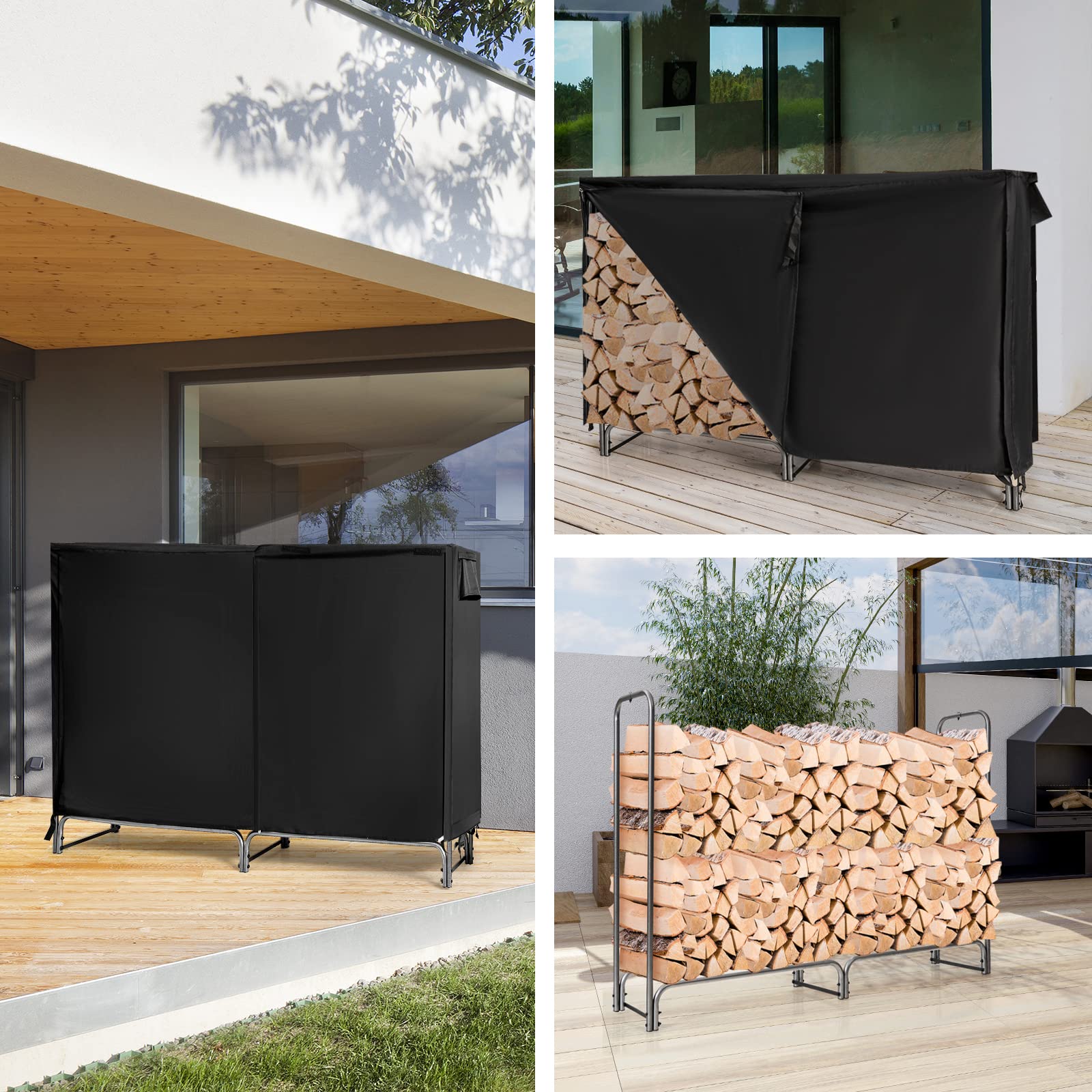 COSTWAY Metalowy regał na drewno kominkowe, 184 x 35,5 x 122,5 cm, regał na drewno opałowe z wodoodporną osłoną, stojak na drewno kominkowe, regał na drewno opałowe do użytku na zewnątrz