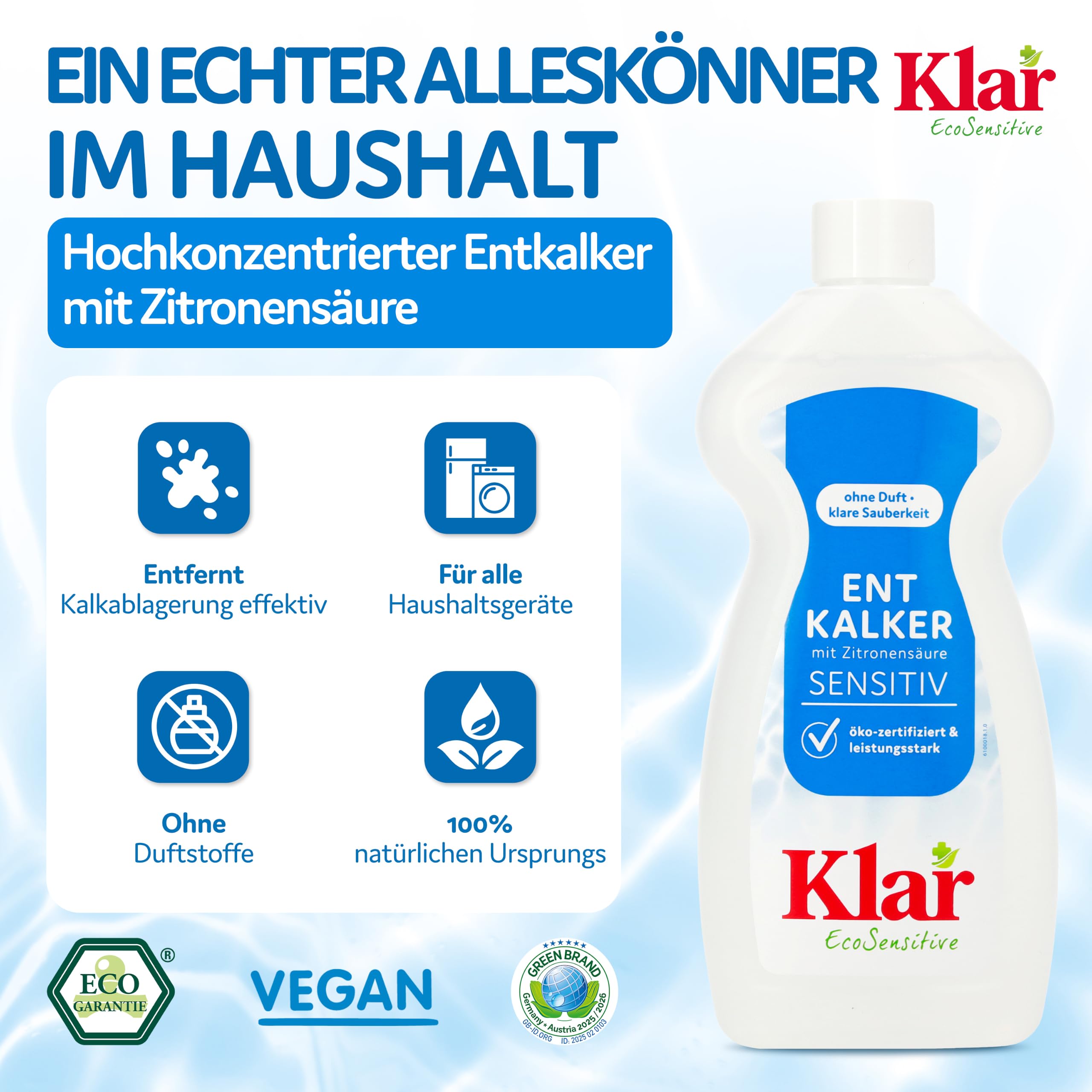 Klar EcoSensitive Entkalker mit Zitronensäure SENSITIV, 500ml - Flüssig | Zitronensäure Entkalker ökozertifiziert - Ideal zum Entkalken von Kaffeemaschine, Wasserkocher, Wasserhahn & Mehr - Vegan
