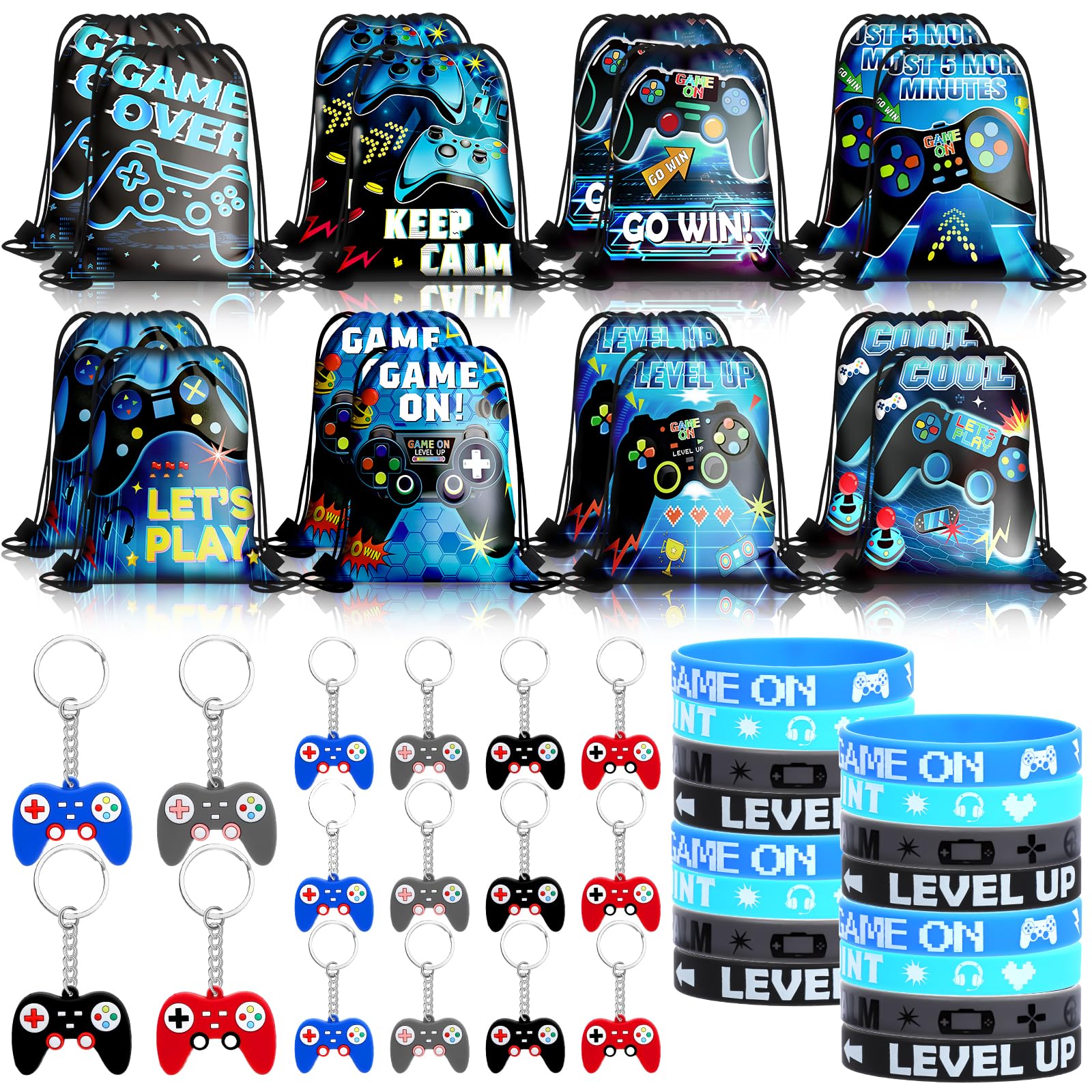 Wayyogh 48pcs Video Game Party Supplies Blue Black Video Game Party Goodie Bags Bulk with Drawstring Bracelets,Video Game Controller Keychains
