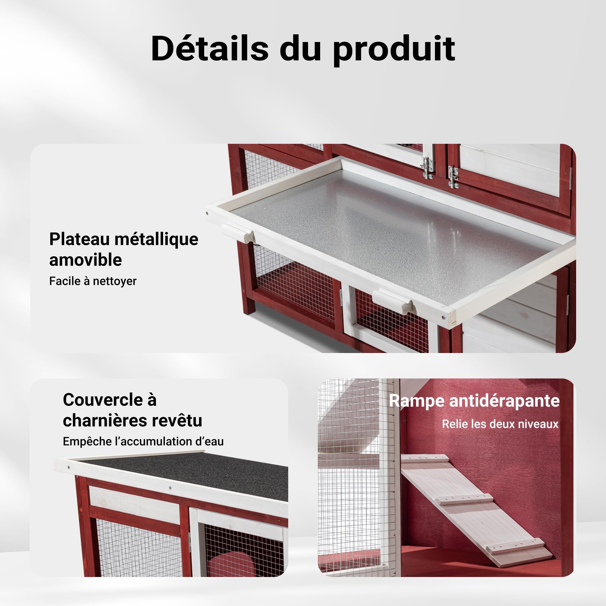 Wiltec Clapier – 1175 x 410 x 1000 mm – 2 étages – Toit bitumé – Bois Sapin – avec Escaliers et bac Amovible – Abri Cage pour rongeurs Poulailler Lapinière Nichoir Espace Libre