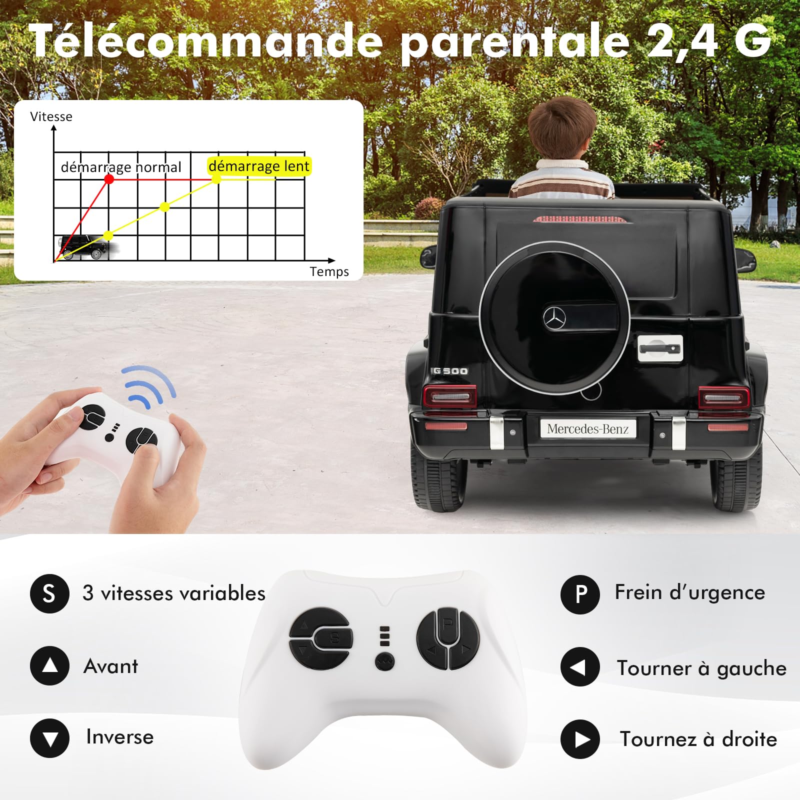GOPLUS 12V Voiture Électrique Enfants Mercedes Benz G500, avec Télécommande 2,4G, Effets Sonores Lumineux & Klaxon, 3-6 kmh, Style Classique pour 3 Ans+, Charge 30kg (Noir)