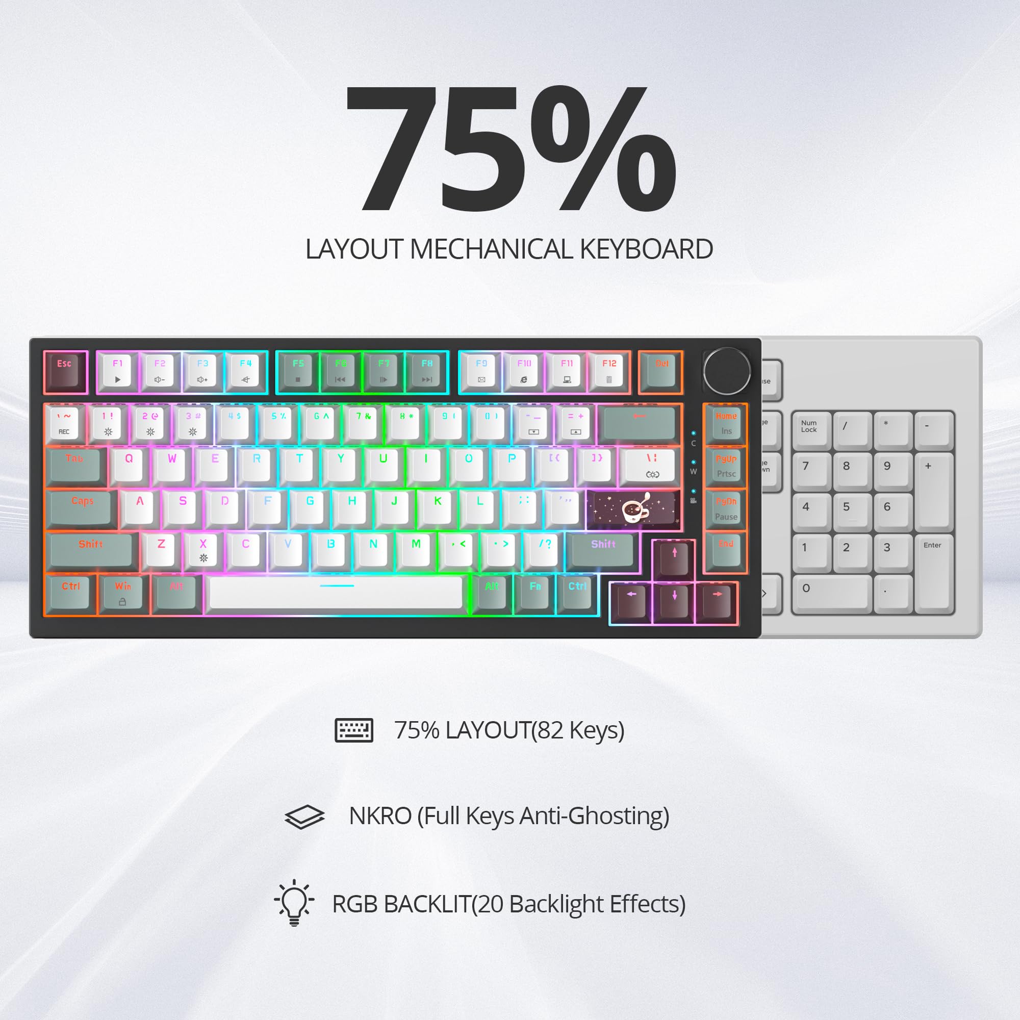 SOLIDEE Mechaniczna klawiatura przewodowa 75 procent,Klawiatura z wymiennymi przełącznikami,podświetleniem RGB i strukturą Gasket,82 klawisze klawiatury mechanicznej TKL z pokrętłem(82 Misty)