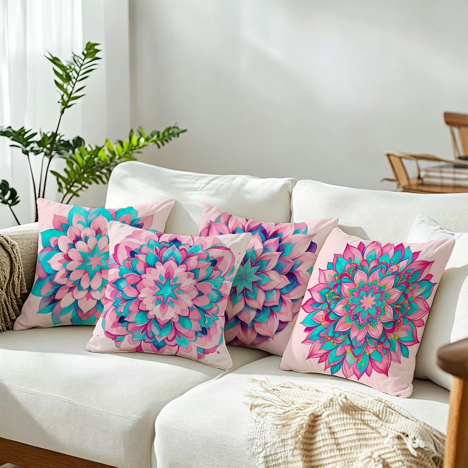 Rosa Federe Cuscini Divano 50x50cm, Cuscini da Esterno Set de 4, Cod-161 | Velour Copricuscini Decorativi Letto Arredo, per Letto, Soggiorno, Giardino, Esterno, Casa Decorazione Set di 4 Mandala