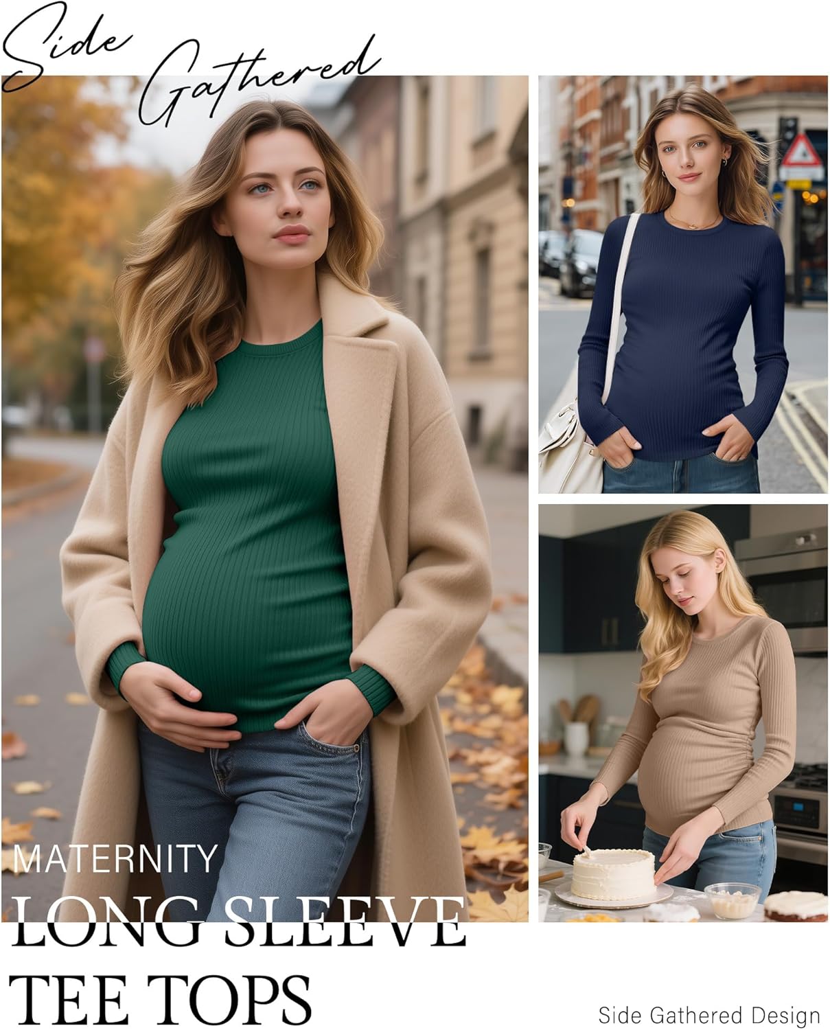 Ficerd 4 Pack Women's Maternity Shirts Cotton Long Sleeve Ribbed Crew Neck Pregnancy Tops Side Ruched Casual Mama Clothes - Image 4