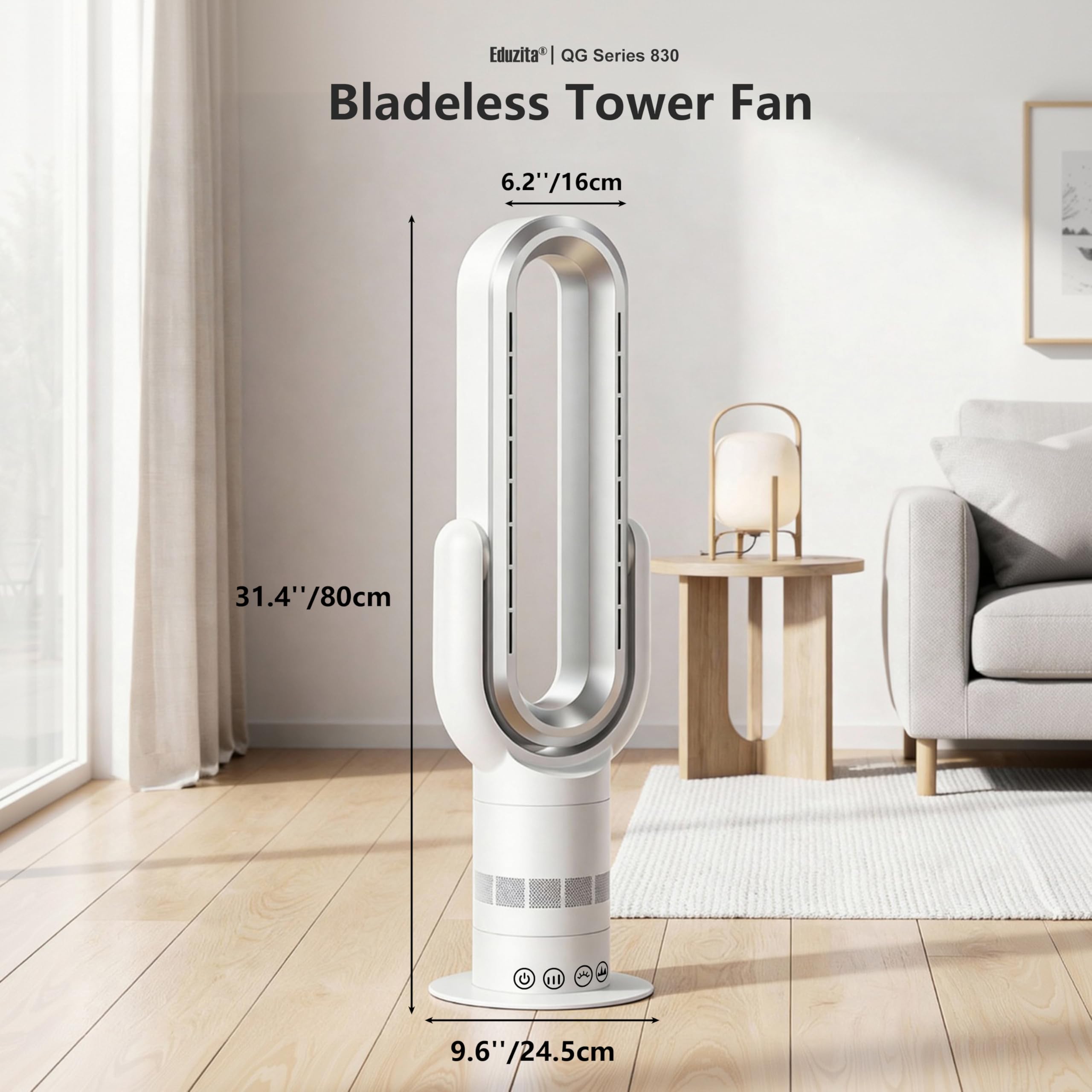 QG830 Ventilateur Tour Sans Pale, Chauffage & Refroidissement 2-en-1, Télécommande et Commande Tactile, 10 Modes Froid + 3 Chaud, Moteur DC Ultra-Silencieux