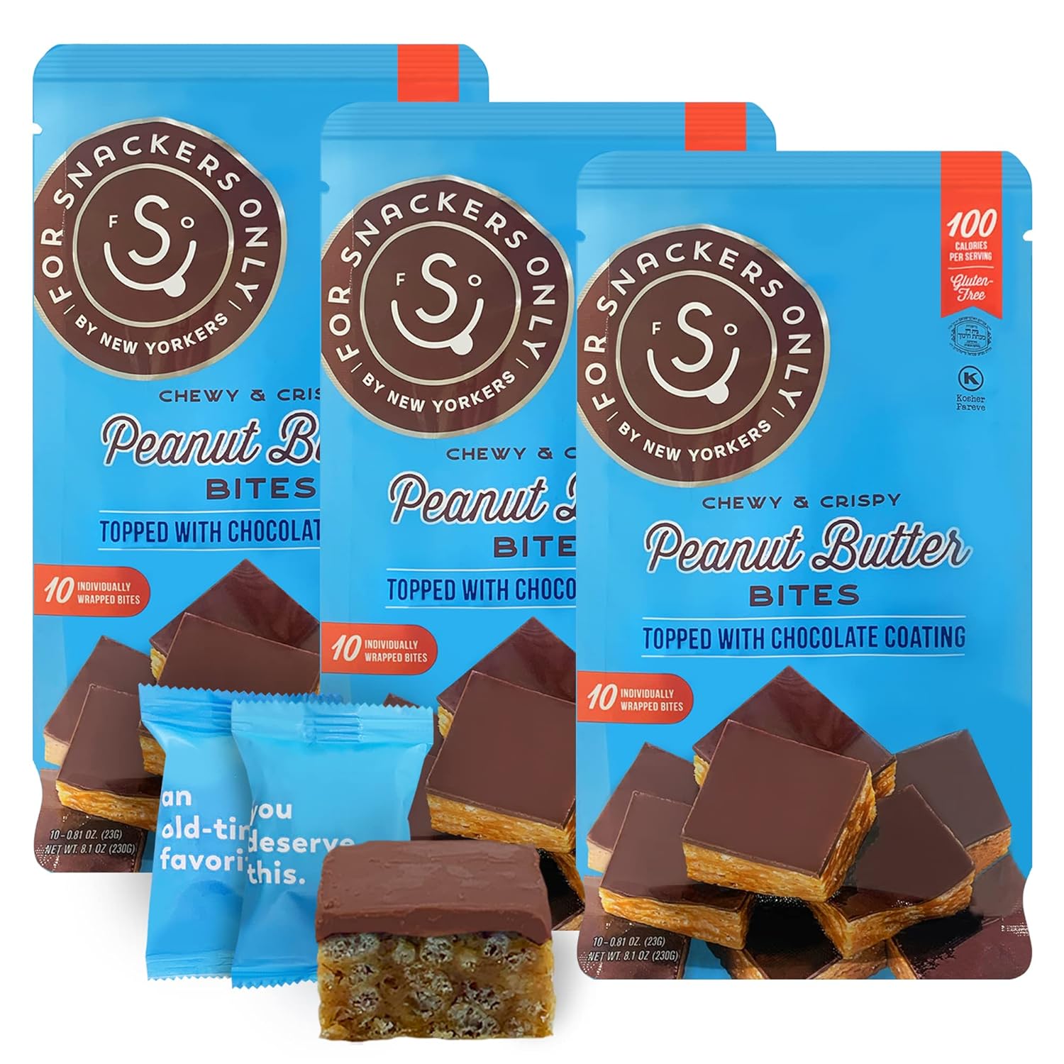 For Snackers Only 3 Pack Peanut Butter Bites Topped with Chocolate Coating - Gluten Free - Vegan Friendly - 100 Calorie Snack - 24 Individually Wrapped Pieces - Non Dairy Kosher Pareve