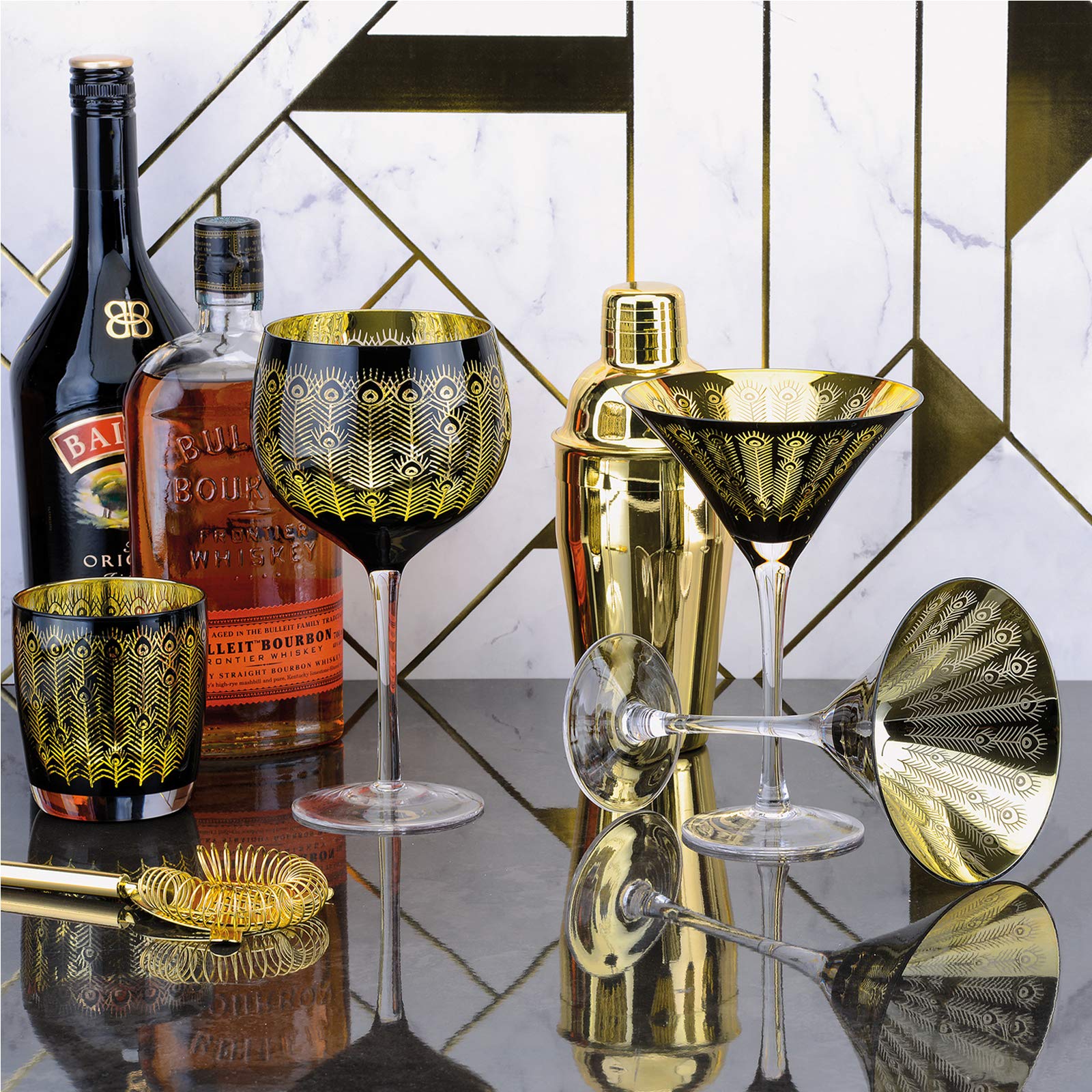 Artland Midnight Peacock Gin Glasses Gold & Black Set of 2 700ml Capacity Per Glass