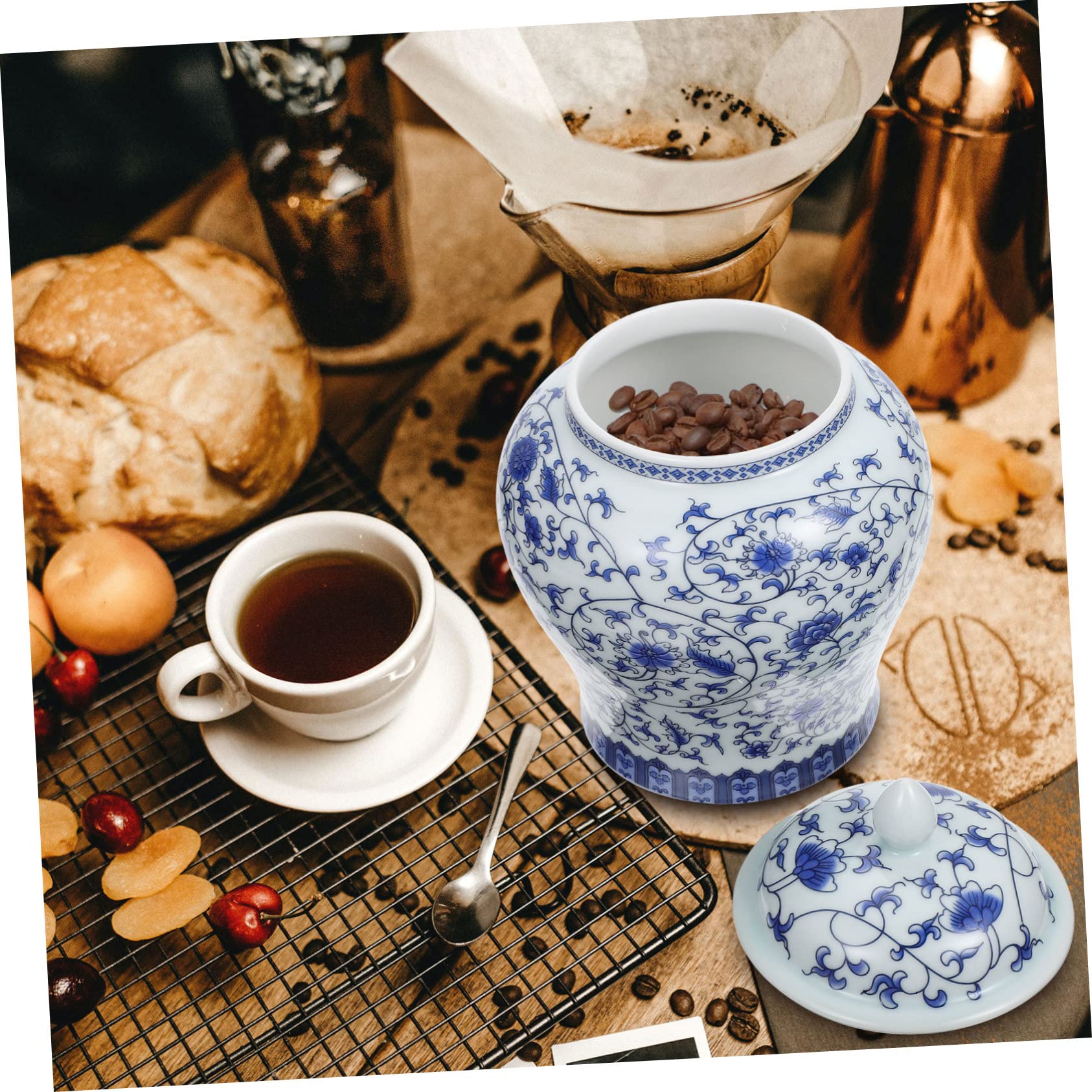 Tarro para Guardar Hojas de Té de Cerámica Azul Estilo Chino | Tapa Sellada, Diseño Retro, Pieza de Sobremesa para Almacenamiento y Ornamento