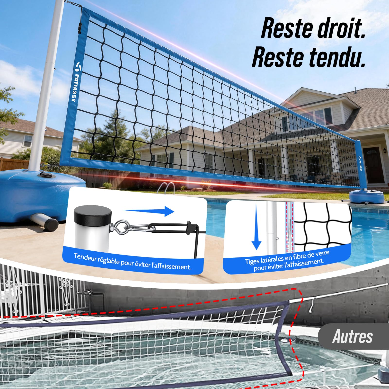 Filet Volley Piscine Portable, Longueur réglable 4,5 à 7,6 m, L'installation est Simple et Rapide, pour Jeux d’Eau, Jardin, Plage et Activités Extérieures