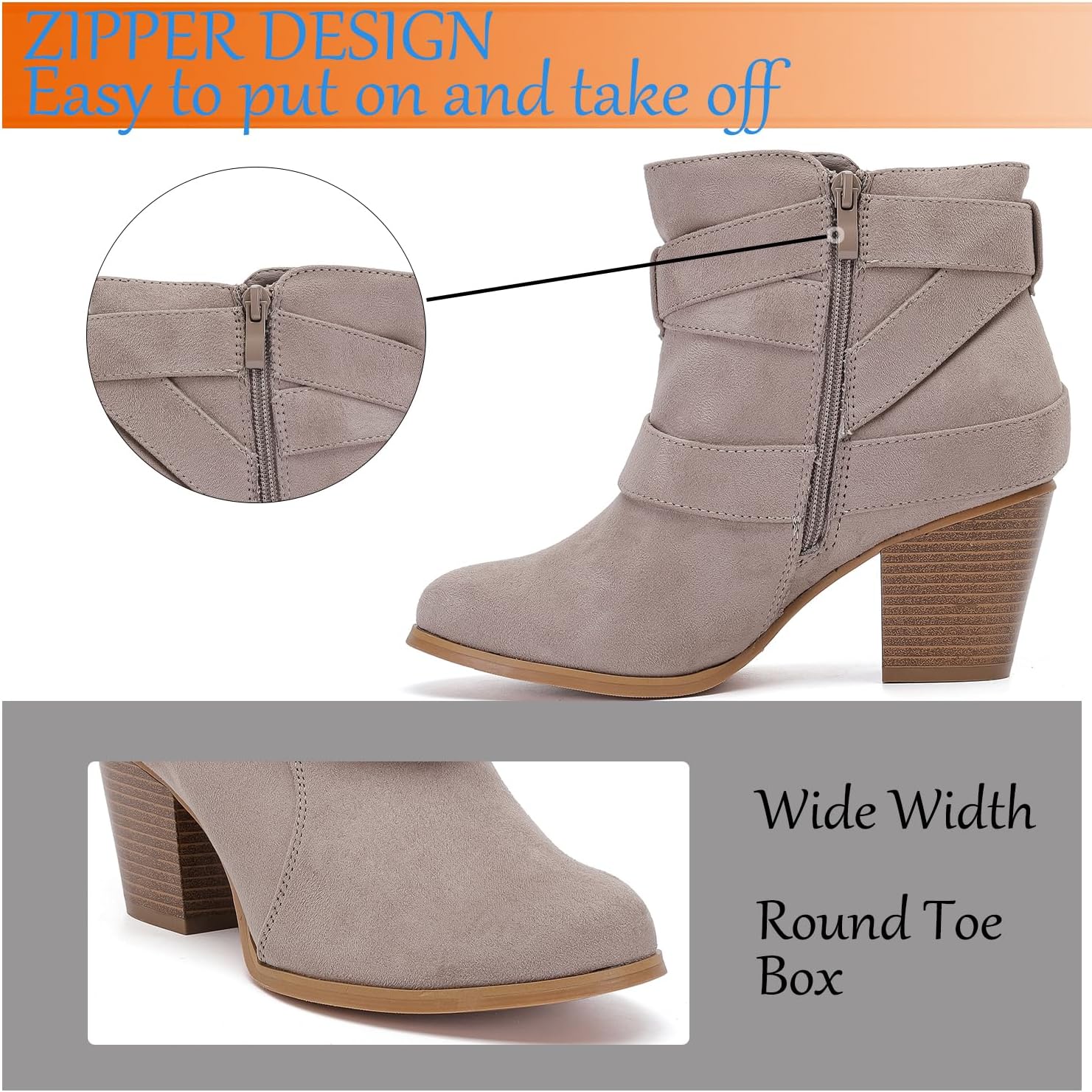 Luoika Women's Wide Width Ankle Boots, Extra Wide Mid Heel Side Zipper Booties. - Image 5