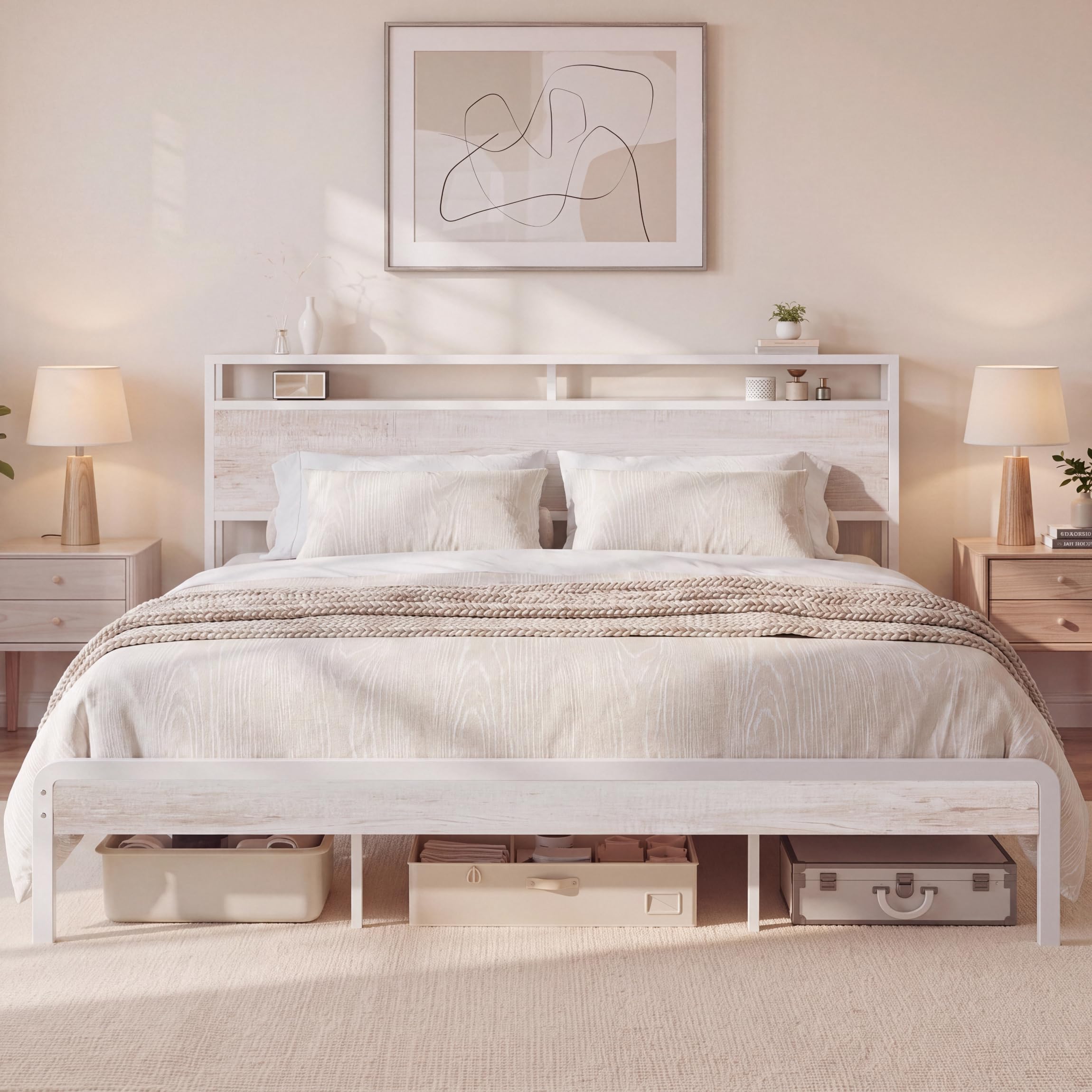 LIKIMIO California King Bed Frames with 2-Tier Storage Shelf Headboard