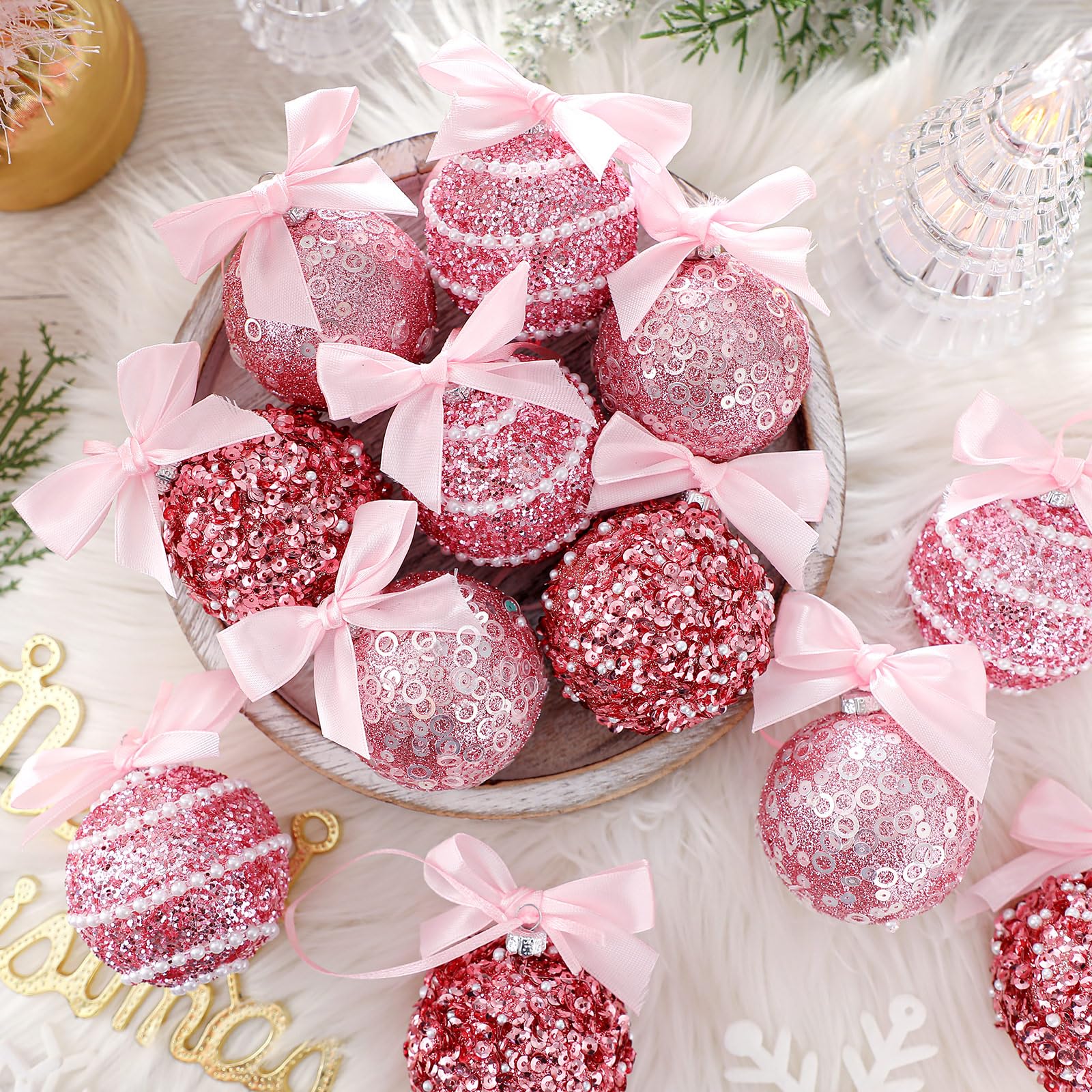 Hungdao Lot de 12 boules de Noël roses à suspendre en plastique incassable avec nœud coquette pour fêtes de Noël