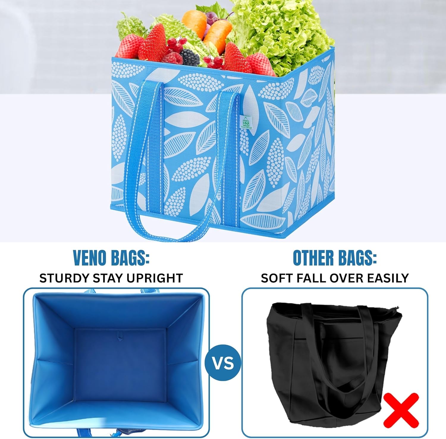 VENO 3 Pack Reusable Grocery Bags, Shopping Bags for Groceries, Tote with Handles and Hard Bottom, Foldable Shopping Cart Organizer, Water Resistant, Heavy-Duty (Spring Breeze, 6 Gallon) - Image 7