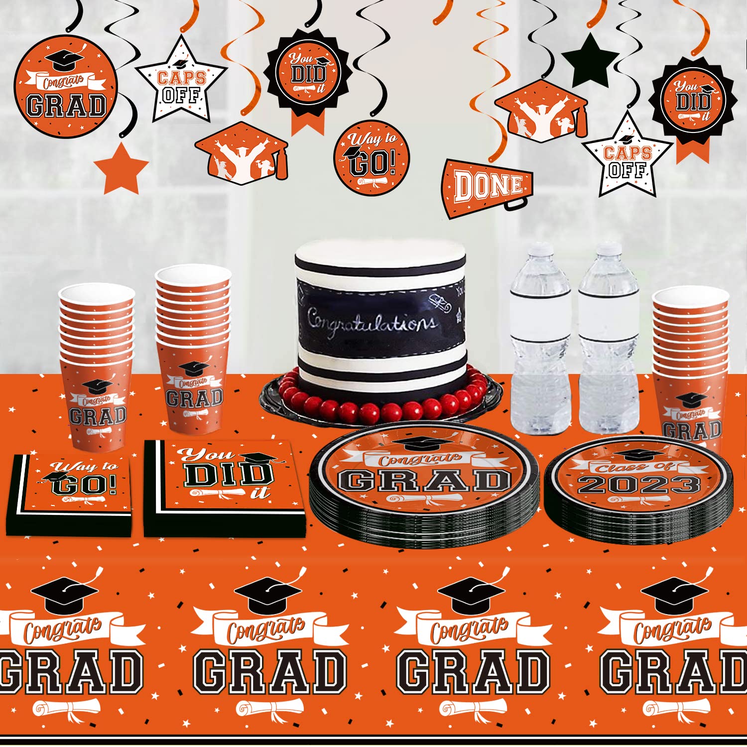 DAZONGE Graduation Decorations Class of 2023, Disposable Graduation Tableware Kit for 50 Guests Includes Plates, Napkins, Cups, Tablecloth and Hanging Swirls, Orange and Black Graduation Party Decorations