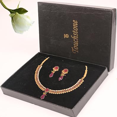 Touchstone Indian Bollywood Floral Theme Faux Ruby Emerald Kundan Look Necklace Set Antique Gold Tone