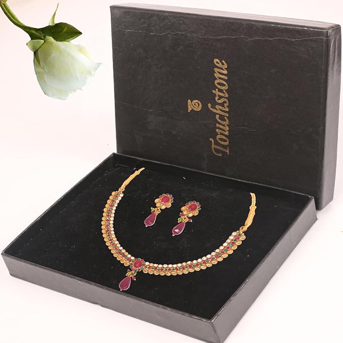 Touchstone Indian Bollywood Floral Theme Faux Ruby Emerald Kundan Look Necklace Set Antique Gold Tone