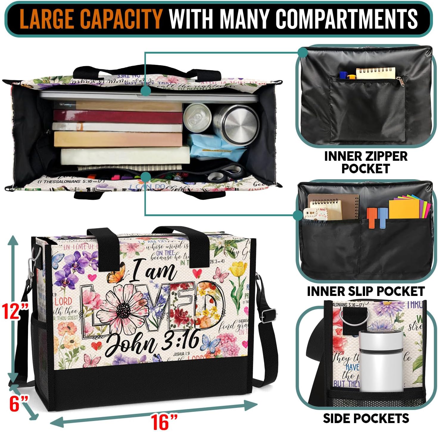 84hoods Aesthetic Tote Bag for Women. Christian Faith Religious Gift. Waterproof Bag with Pockets and Zipper.