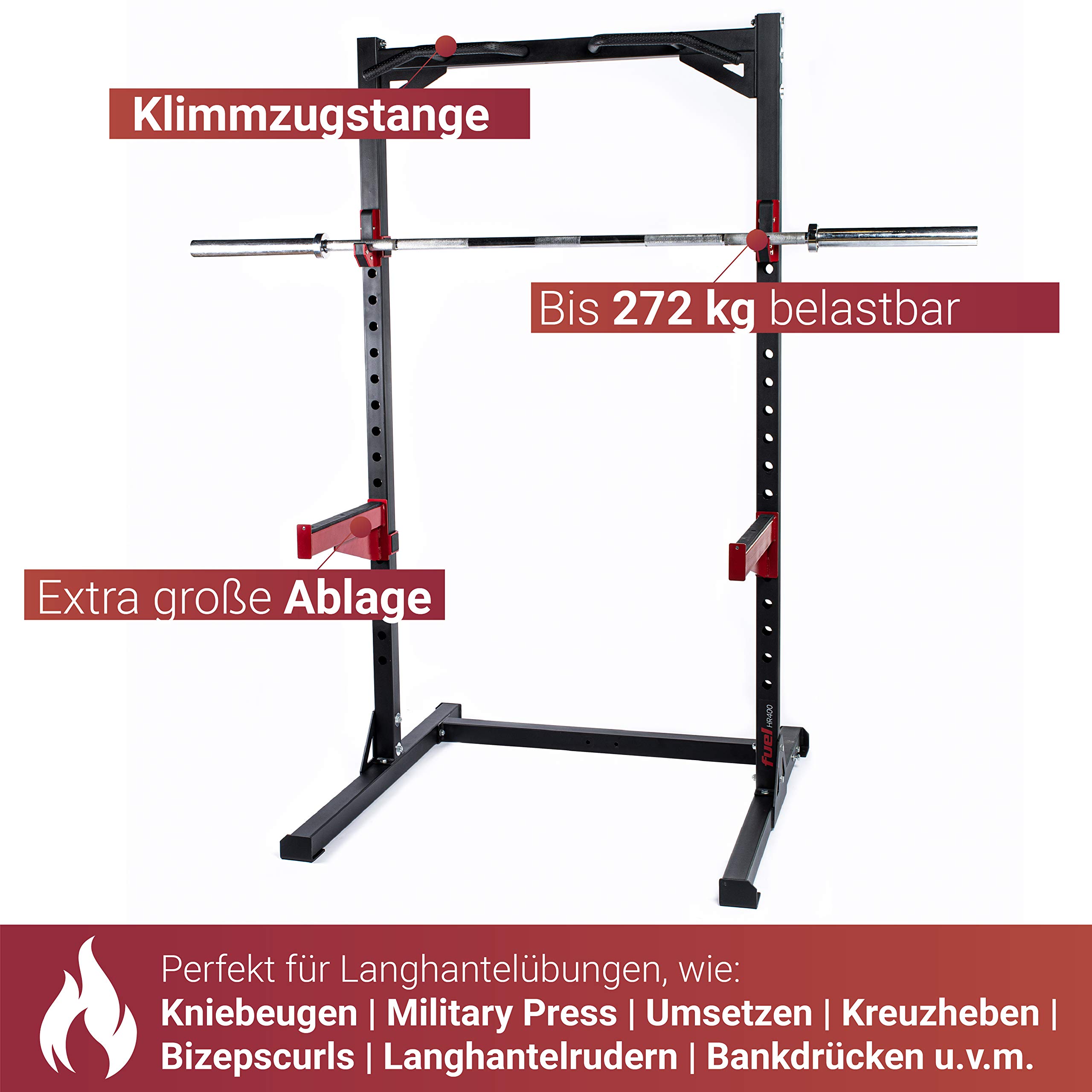 Half Cage HR300 Verstellbarer Kniebeugeständer mit Sicherheitsablagen, Squat Rack mit Langhantelständer, Kniebeugeständer mit Klimmzugstange, bis 272kg belastbar