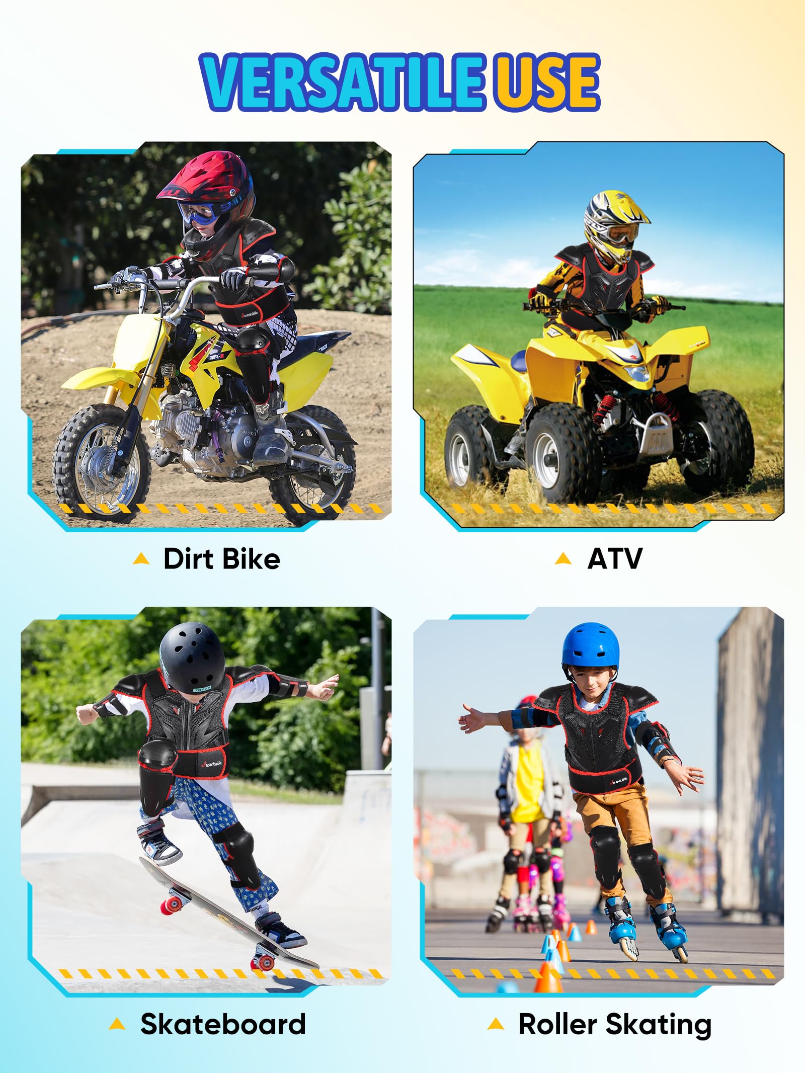 JUSTDOLIFE Equipo De Protección De Moto para Niño, 5 Piezas 2024 Nuevo Modelo Rodillera Transpirable Creativo Equipo Moto Cross Niño para Todo Terreno Ciclismo Esquí Patinaje