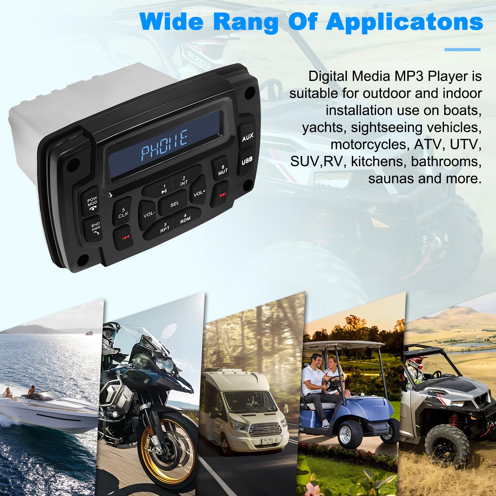 Receptor estéreo marino con radio digital para barcos, pantalla LCD HD, radio AM/FM, reproductor de MP3 para barcos, ATV, UTV