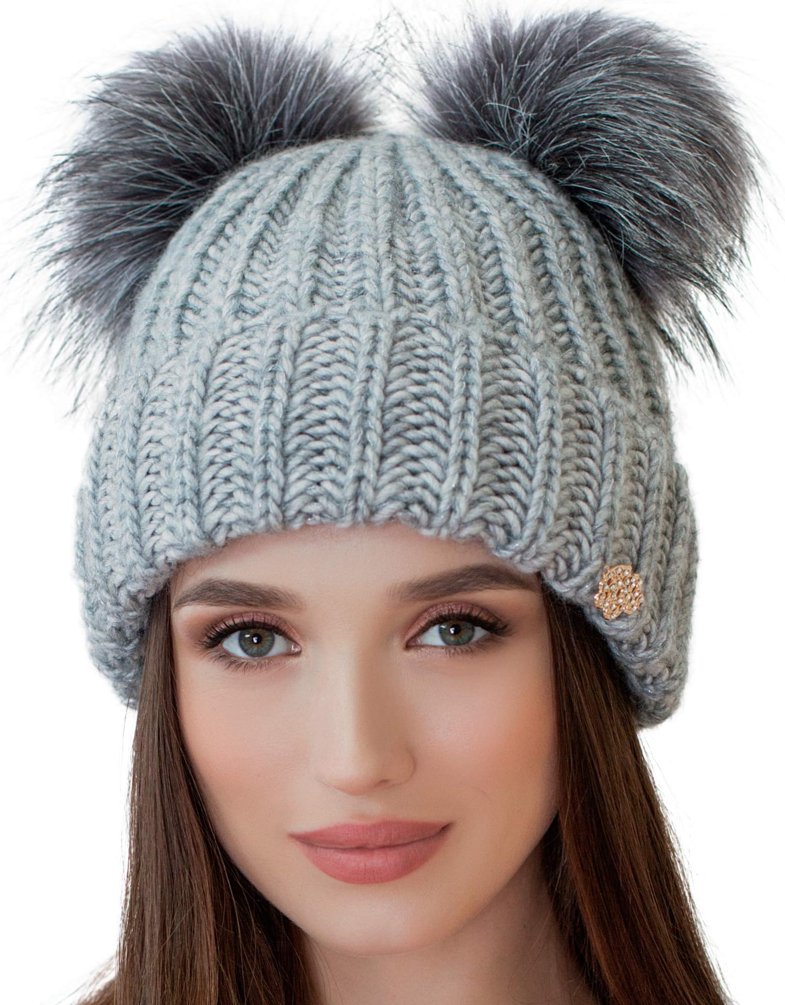 Beanie Women - 2 Pom Cable Knit Winter Warm Fleece Hat - Wool Snow Cuff Ski Cap