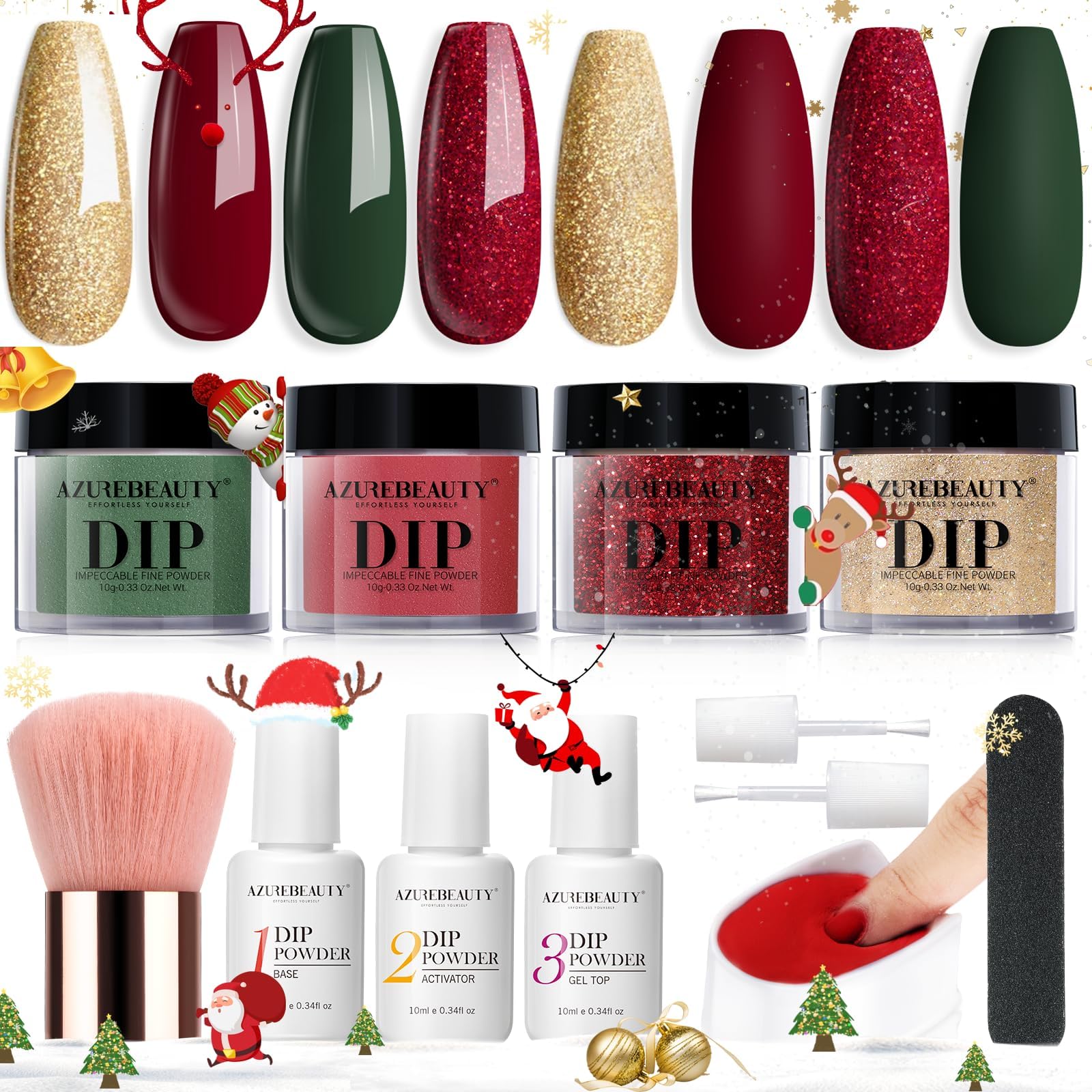 Christmas Dip Powder Nail Kit, 4 Colors Red Green Gold Glitter Dipping Powder System Liquid Set Recycling Tray, French Nail Art Base & Top Coat Activator DIY Salon.