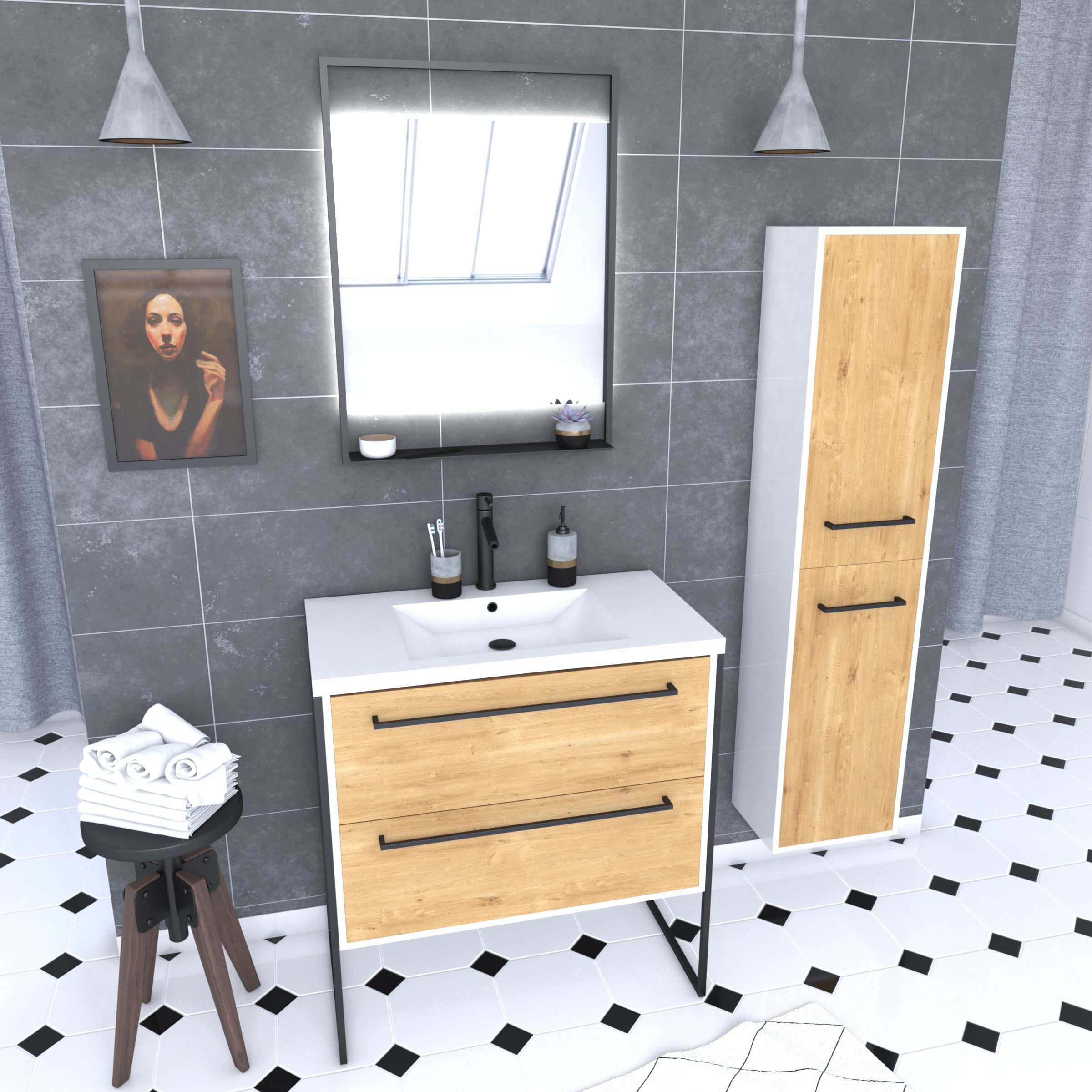 AURLANE Meuble Salle de Bains 80 cm, Vasque Blanche, Miroir LED et Colonne - Blanc et Chêne - STRUCTURA