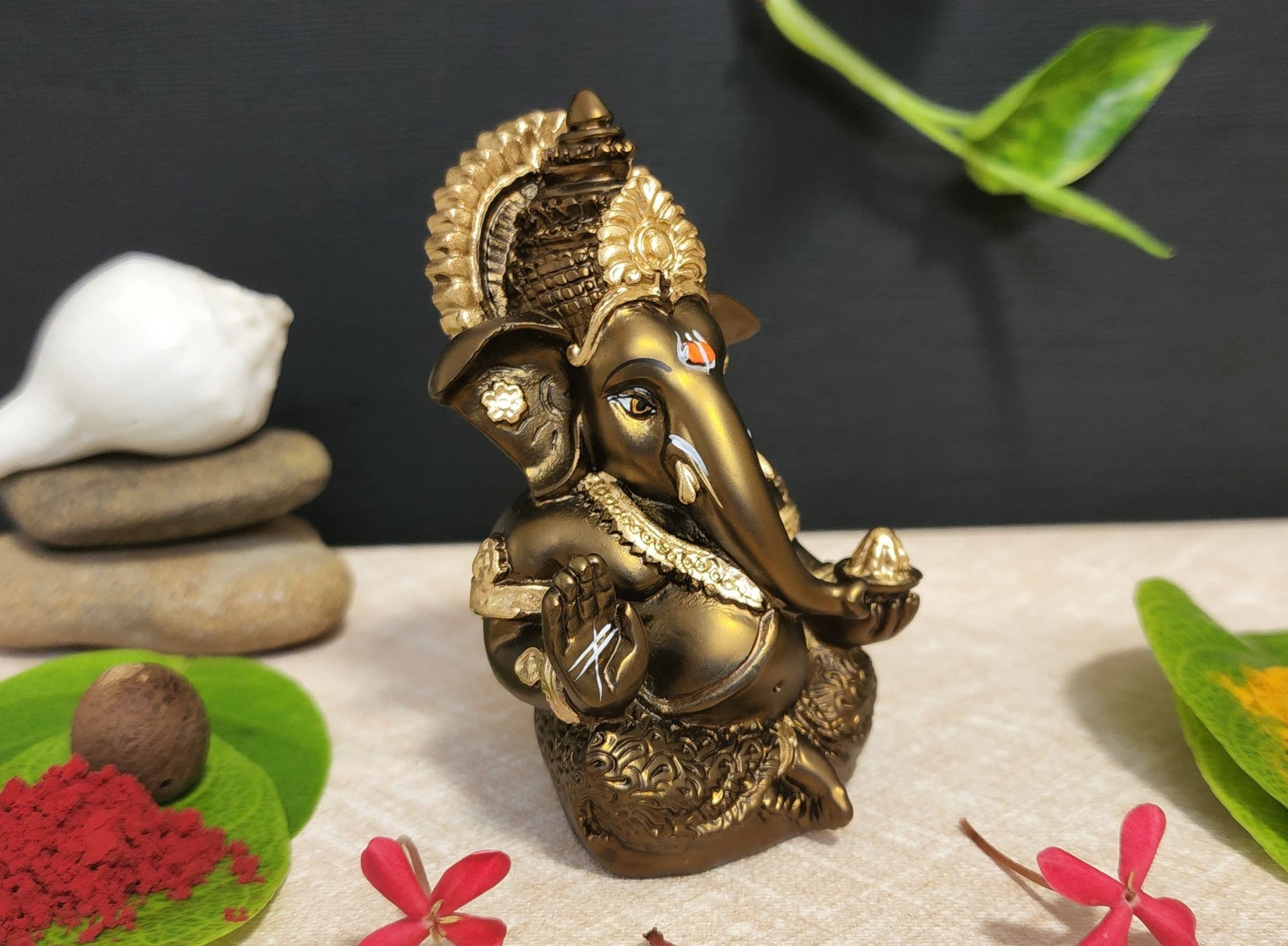 Gold Art India Handcrafted French Brown Mukut Ganesha Idol (3.5") - Perfect for Car Dashboard, Home or Office Decor and Gifting, Idol